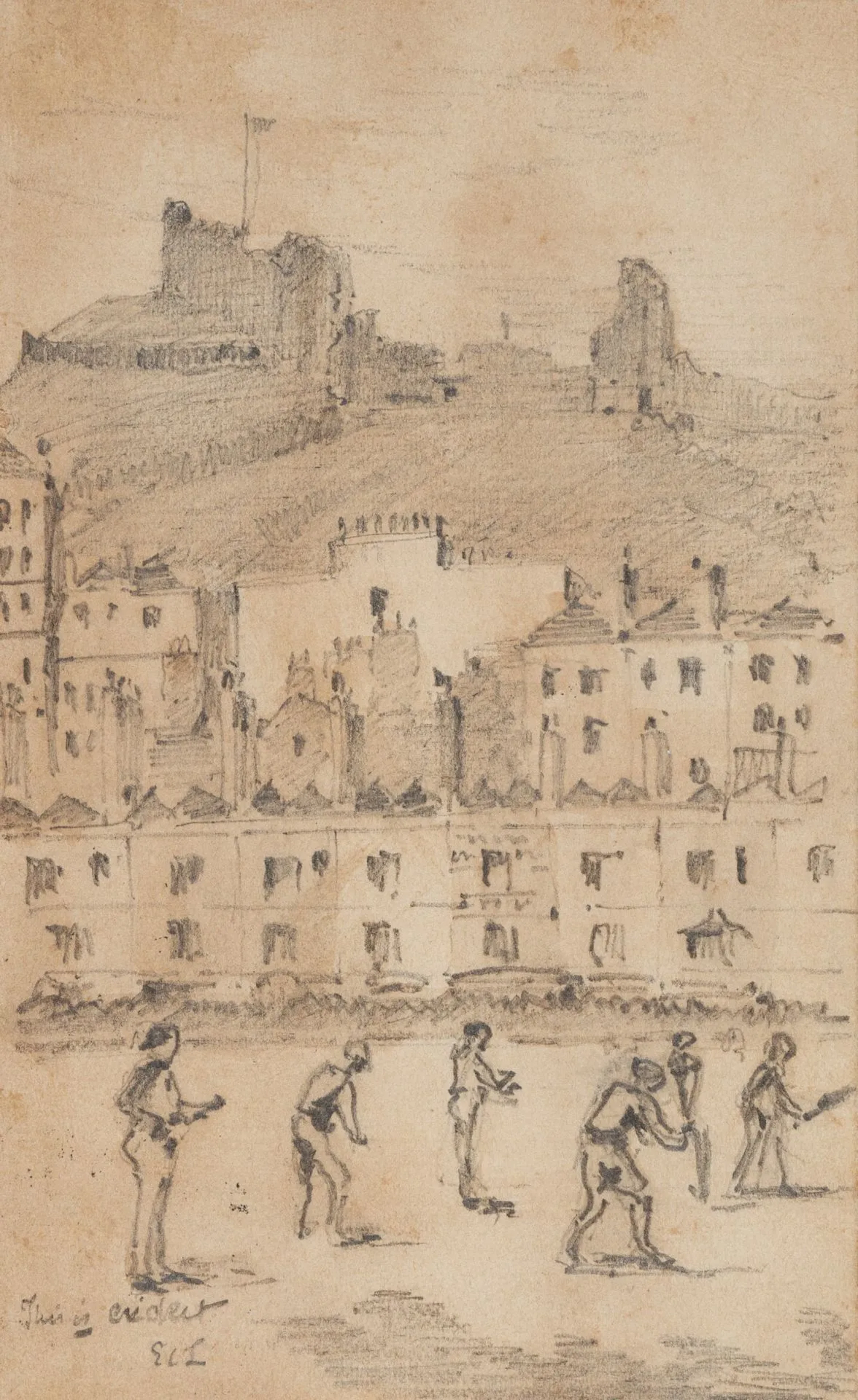 E. LEE (19th), Cricket in Front of a Castle in Kent, 1887, Pencil