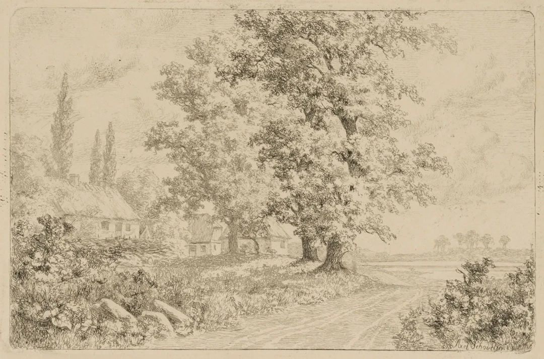 A. SCHOVELIN (*1827), Old Oak Trees on Skaridsö, Etching Axel Thorsen