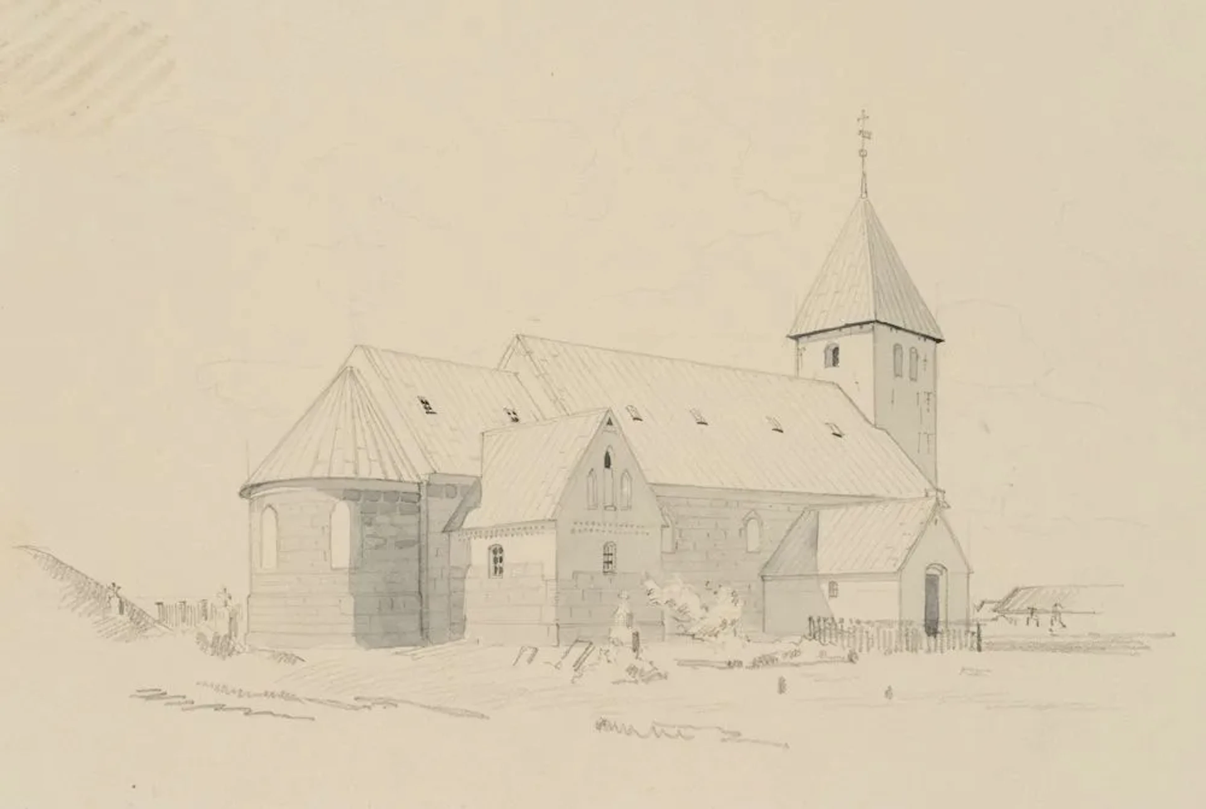 E. RONDAHL (1858-1914), View of Bryndum Church in Denmark, around