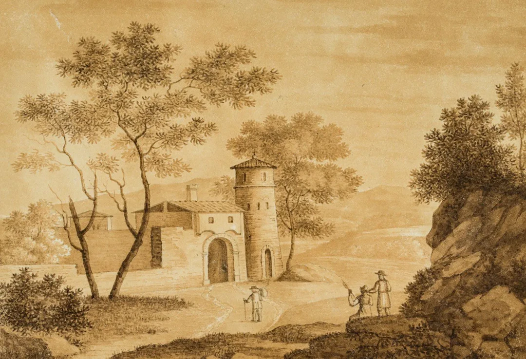 Unknown (19th century), Italian landscape with a city gate, c. 1800