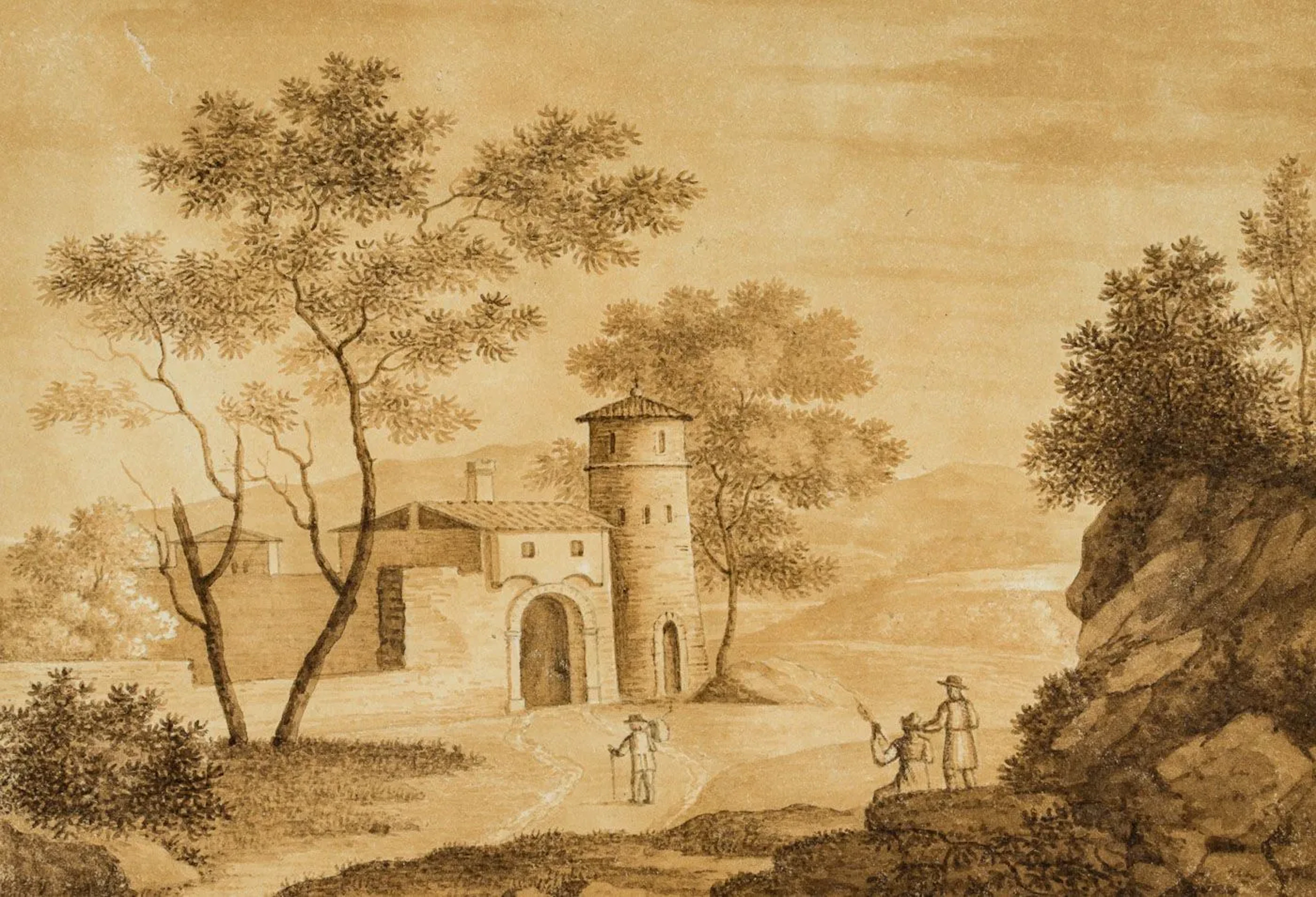 Unknown (19th century), Italian landscape with a city gate, c. 1800