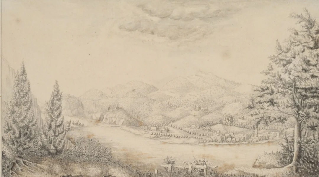 F. REINERMANN (*1764) Circle, River landscape with castles, Pencil
