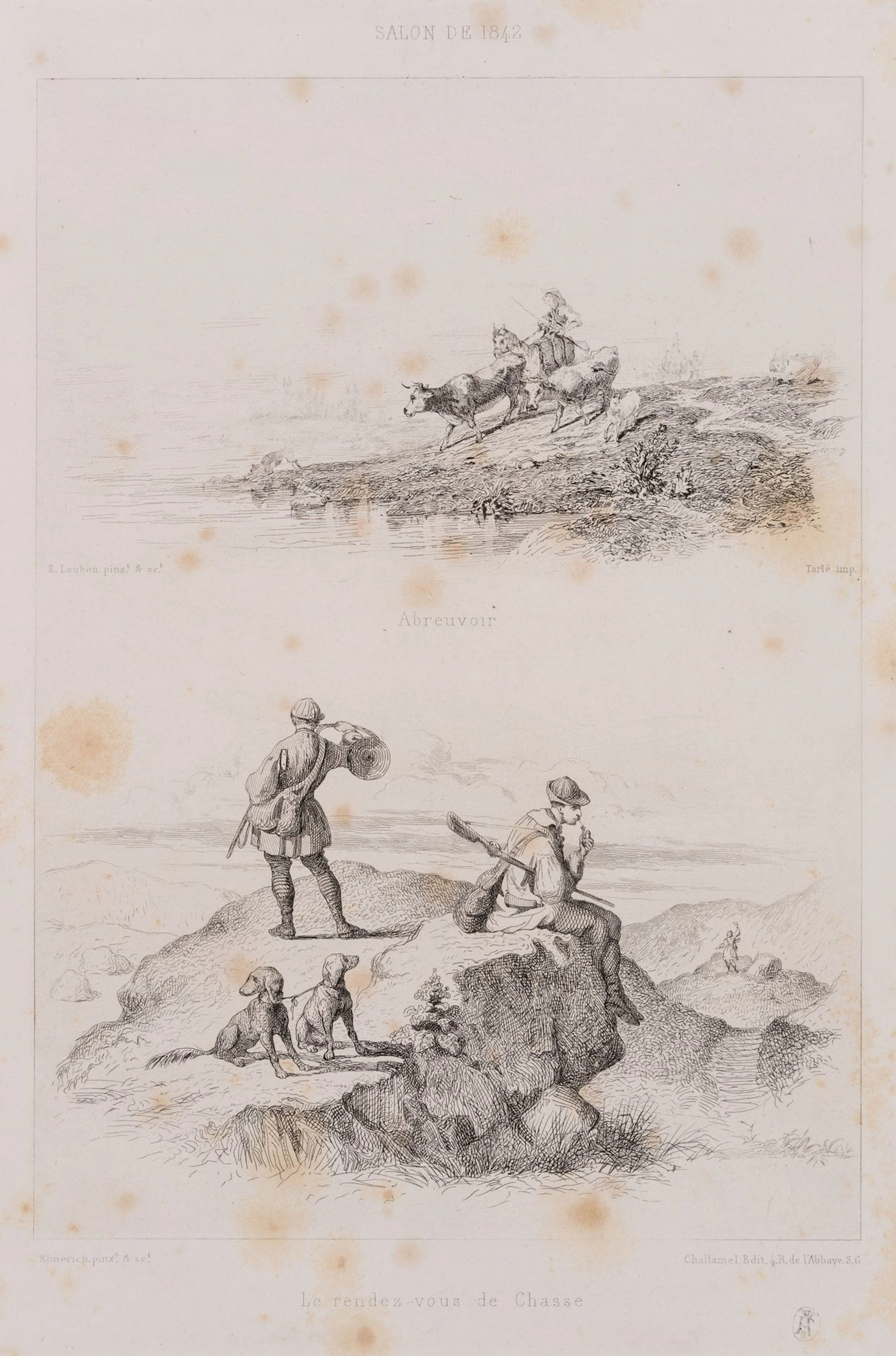 E. LOUBON (1809–1863), Cattle Watering Holes and Hunters in the Mountains