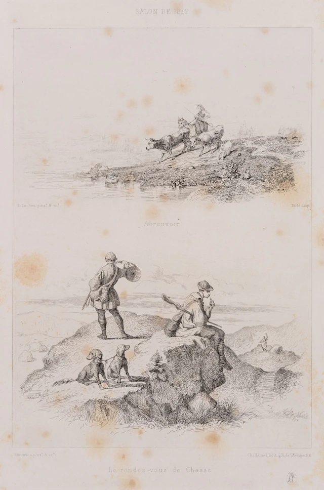 E. LOUBON (1809–1863), Cattle Watering Holes and Hunters in the Mountains