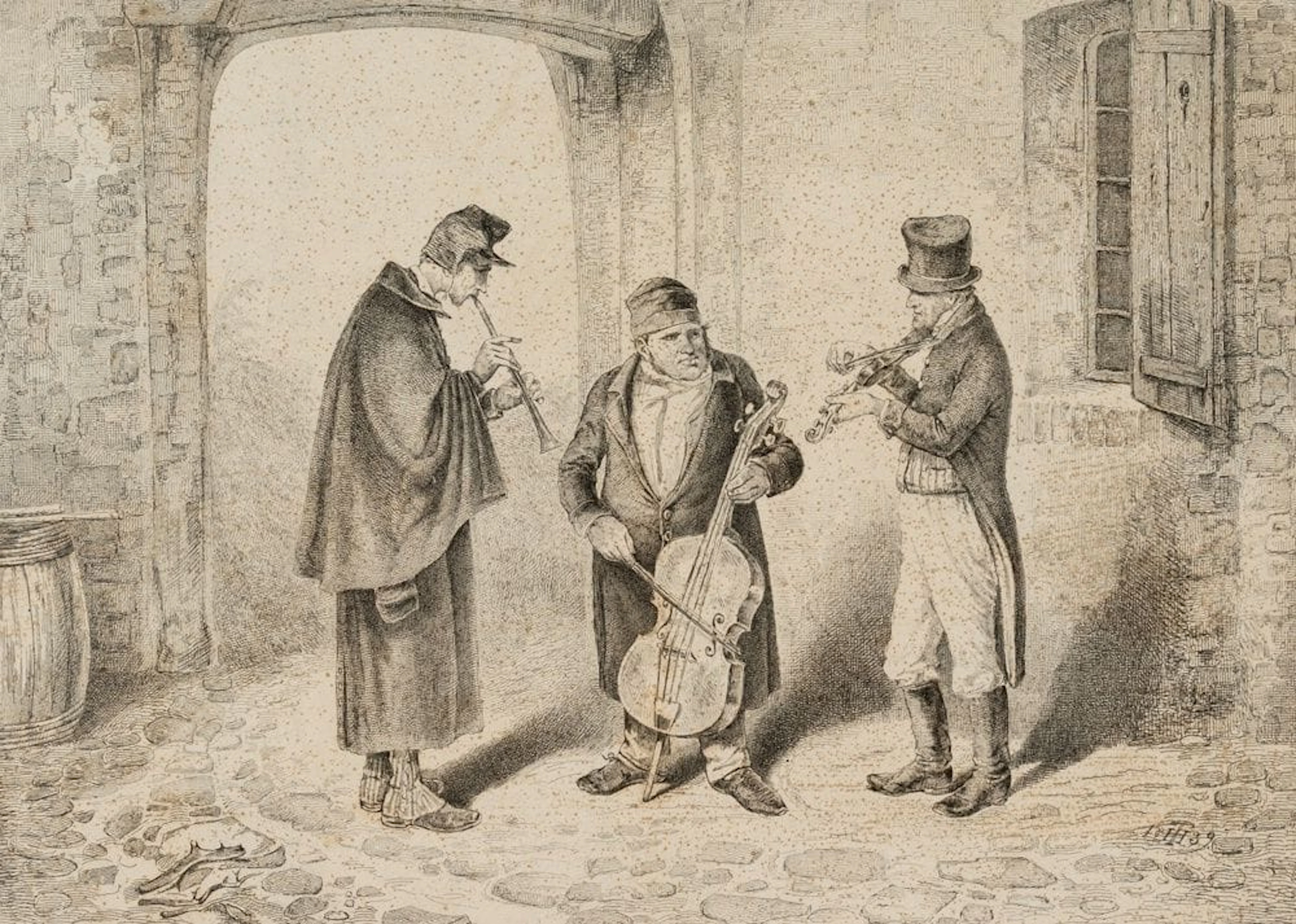 T. HOSEMANN (1807–1875), Three Traveling Musicians, 1839, Etching