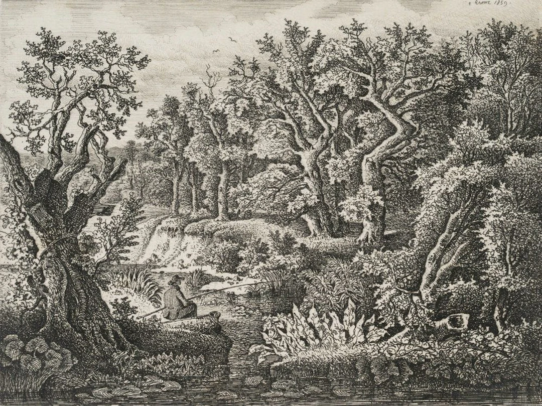 Unknown (19th century), Angler by the River Near an Old Wood, 1859
