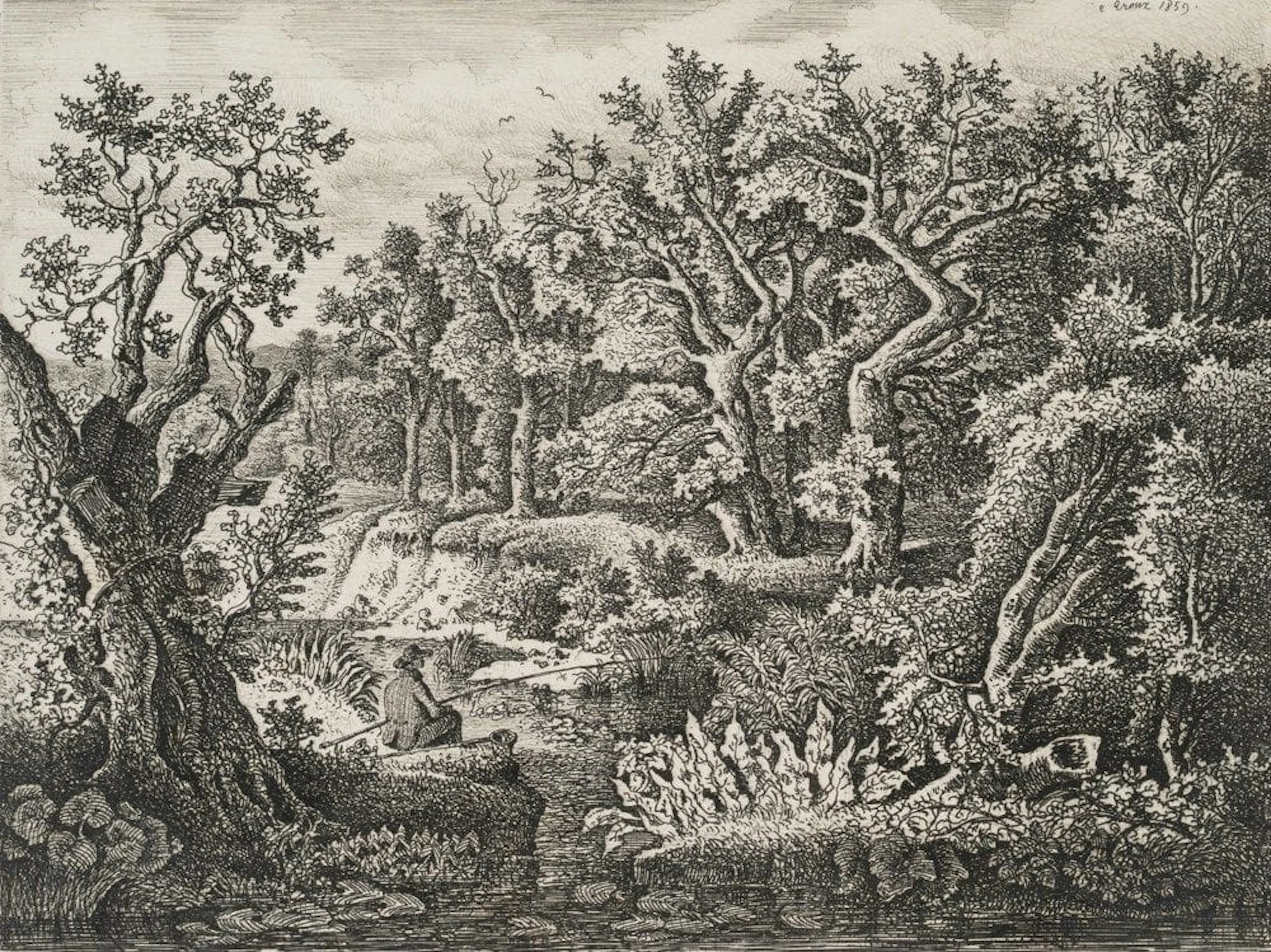 Unknown (19th century), Angler by the River Near an Old Wood, 1859