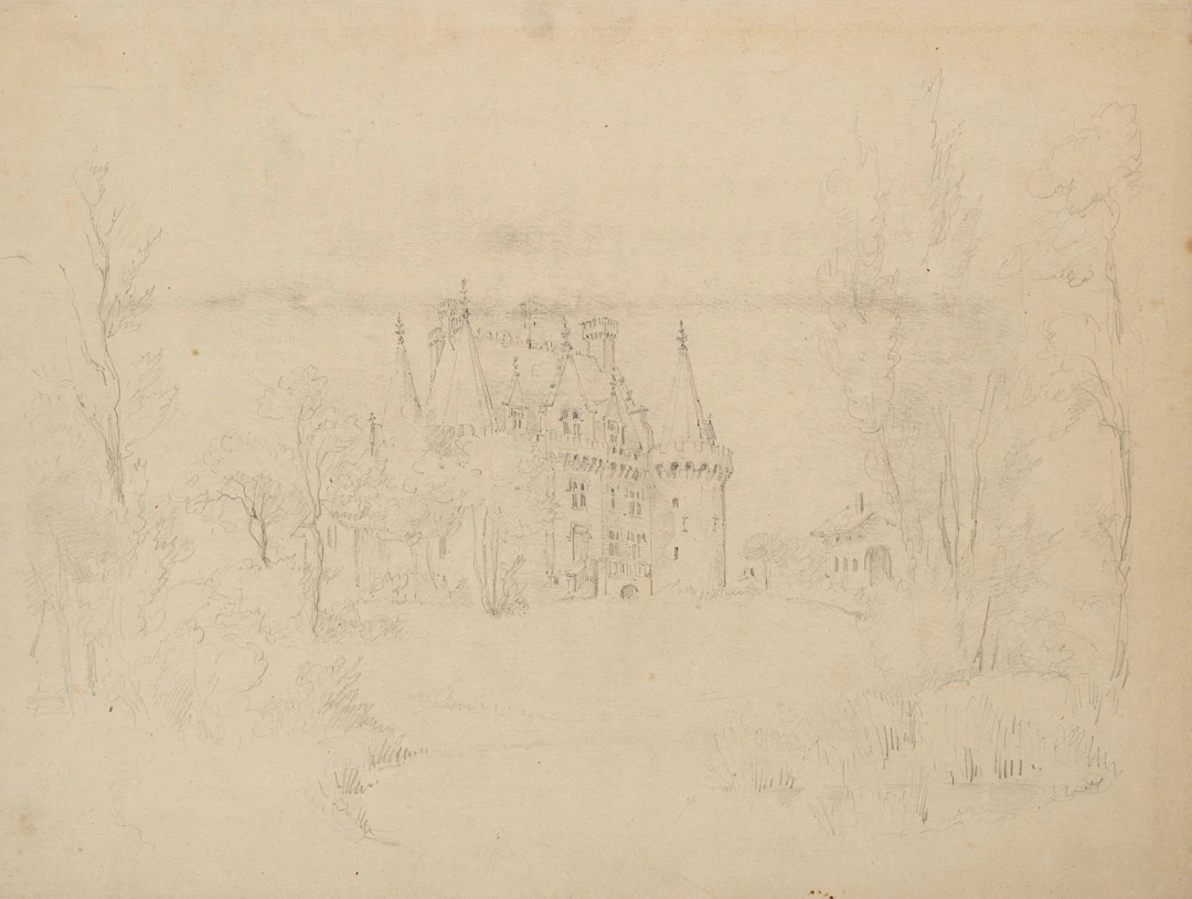 Unknown (19th century), A view across a meadow toward a hunting lodge