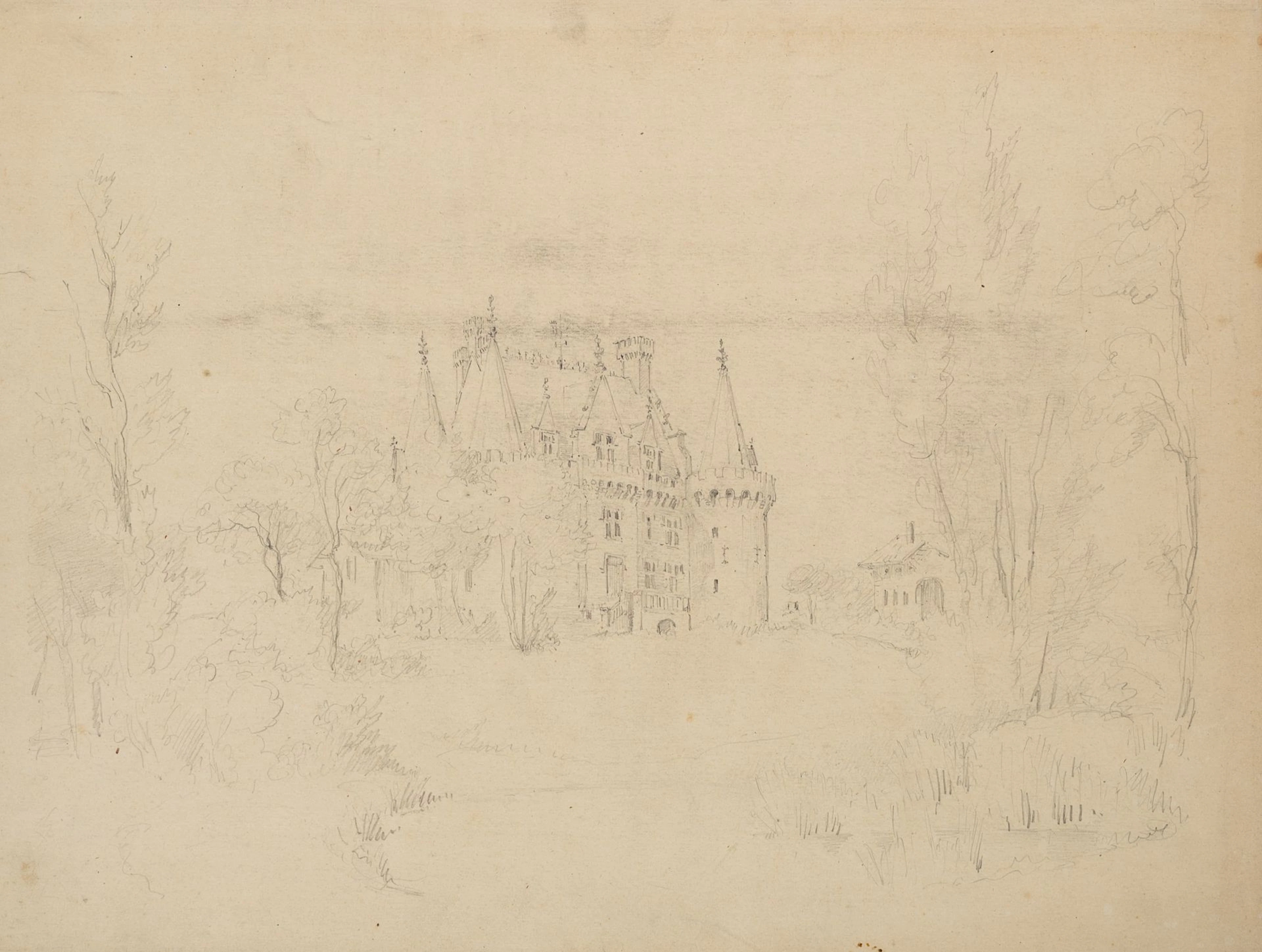 Unknown (19th century), A view across a meadow toward a hunting lodge