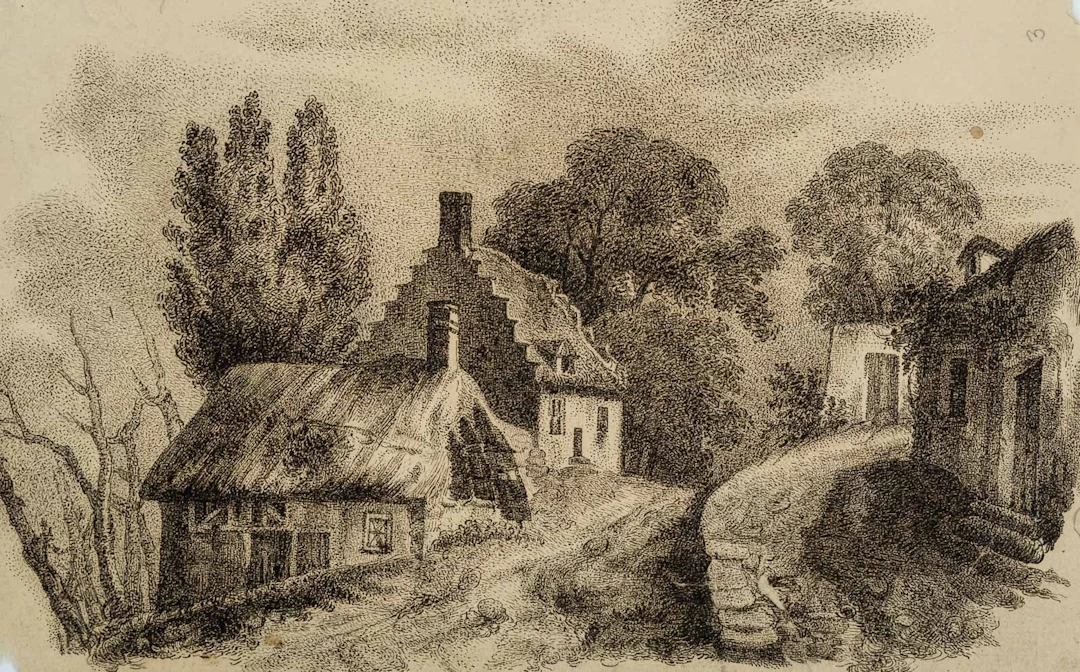 C. GRAIMBERG (*1774), A Settlement on a Mountainside, Pen Drawing