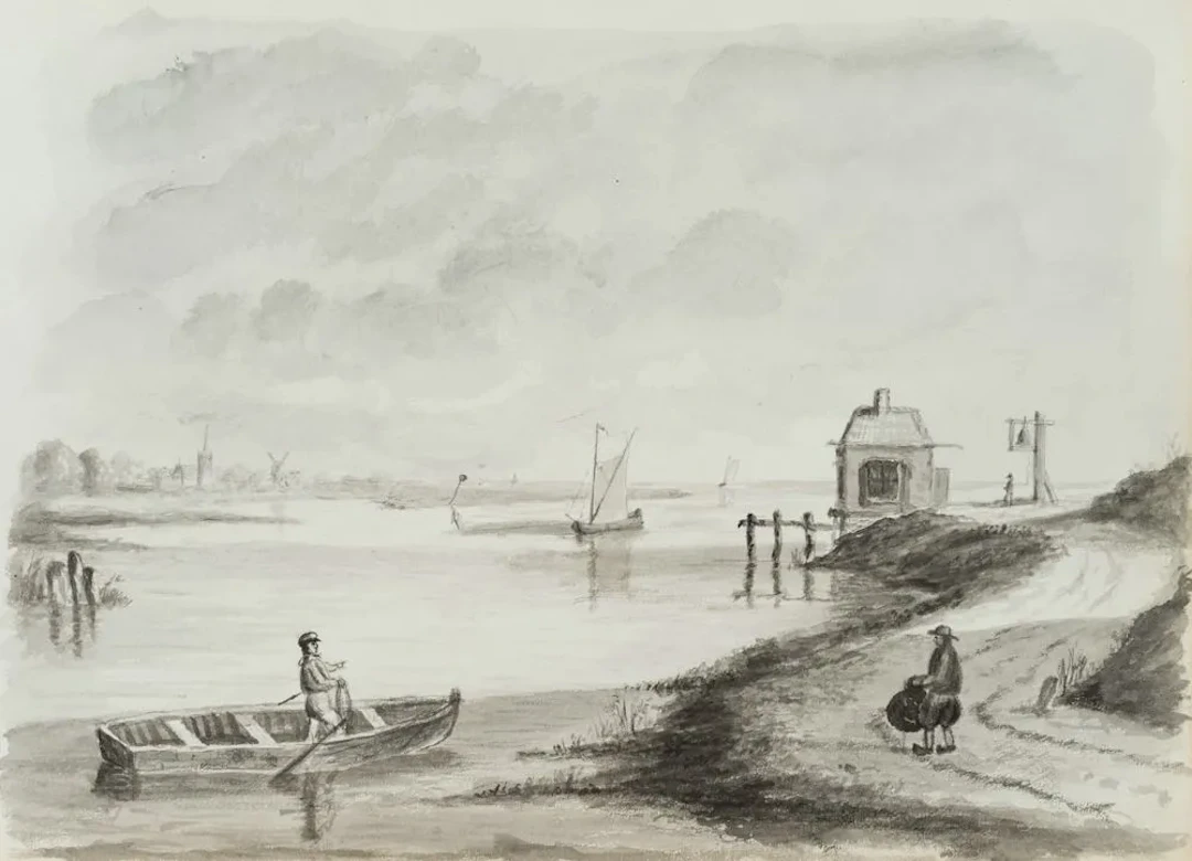 Unknown (19th), Rowers on the North Sea coast, Brush drawing Unknown
