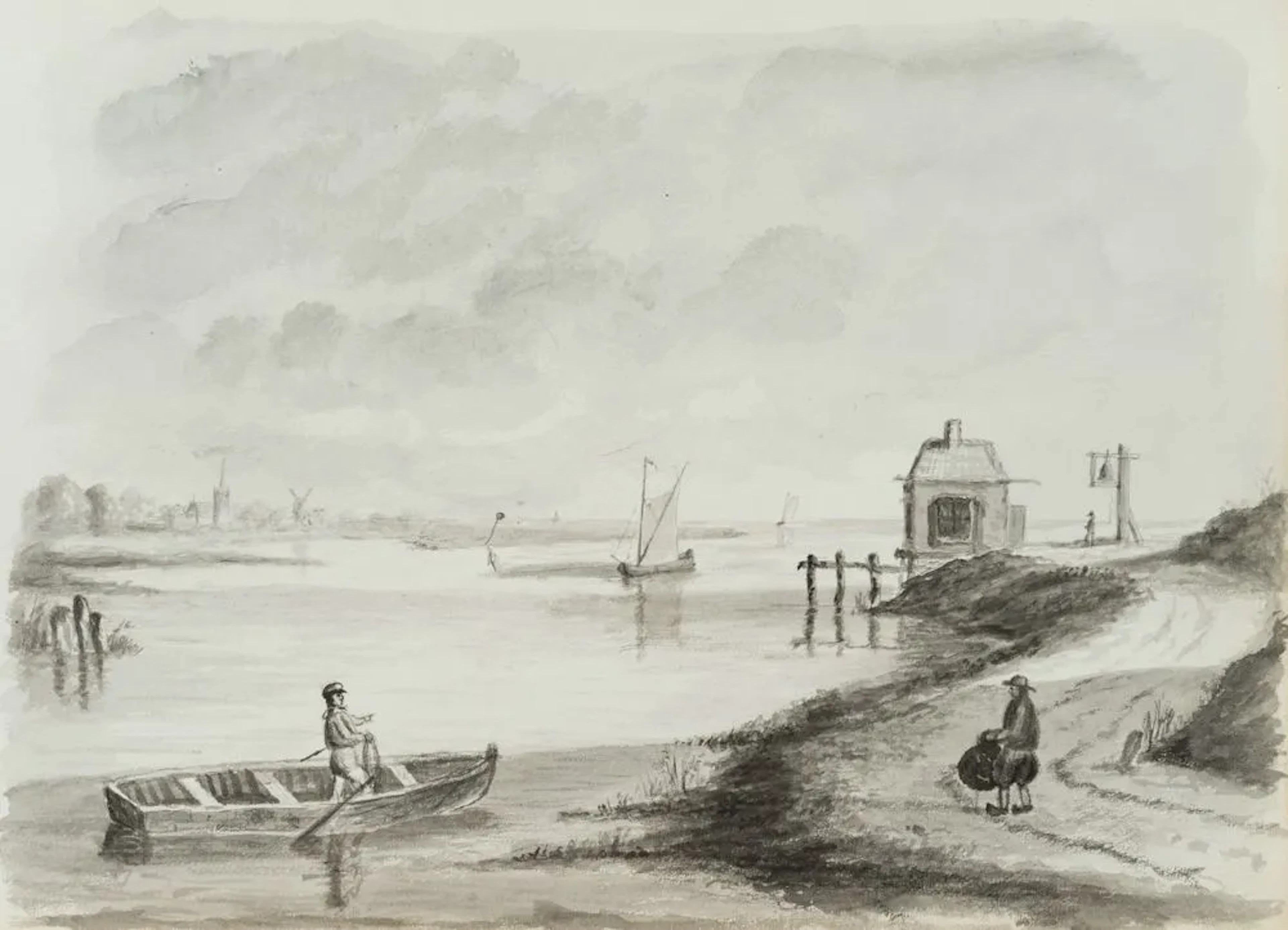 Unknown (19th), Rowers on the North Sea coast, Brush drawing Unknown