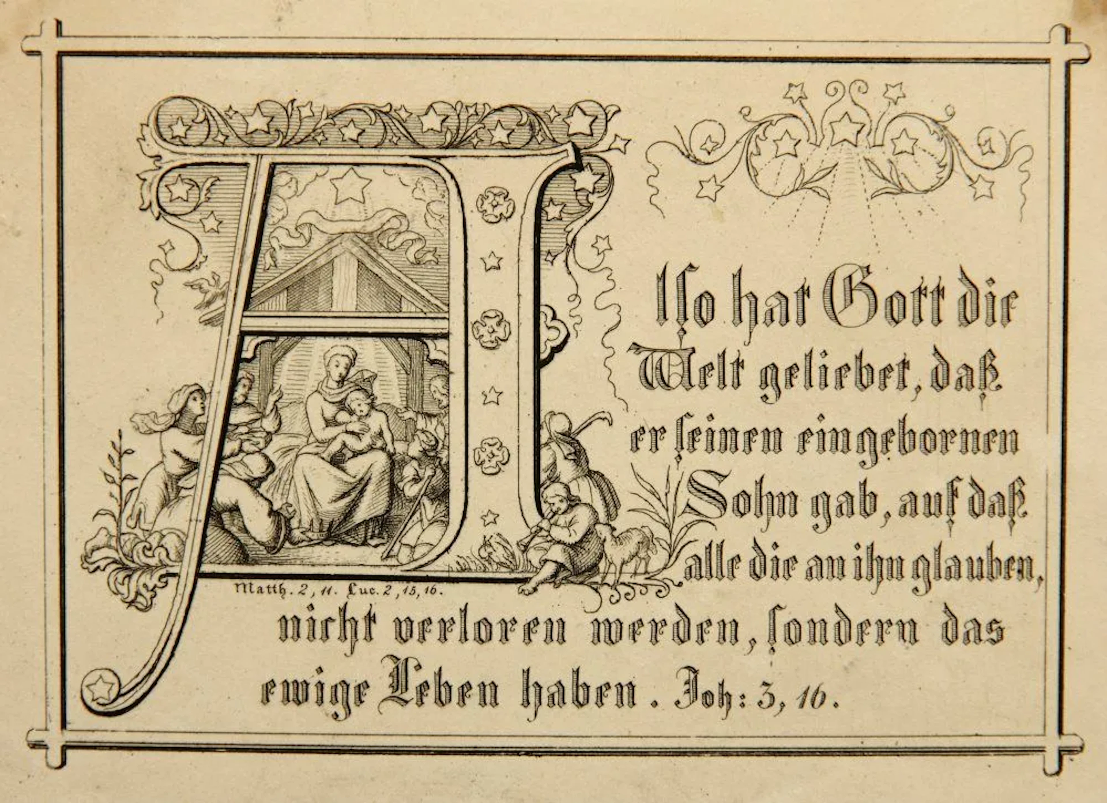 J. THAETER (1804–1870), Psalm with an initial letter, John 3:16, Etching