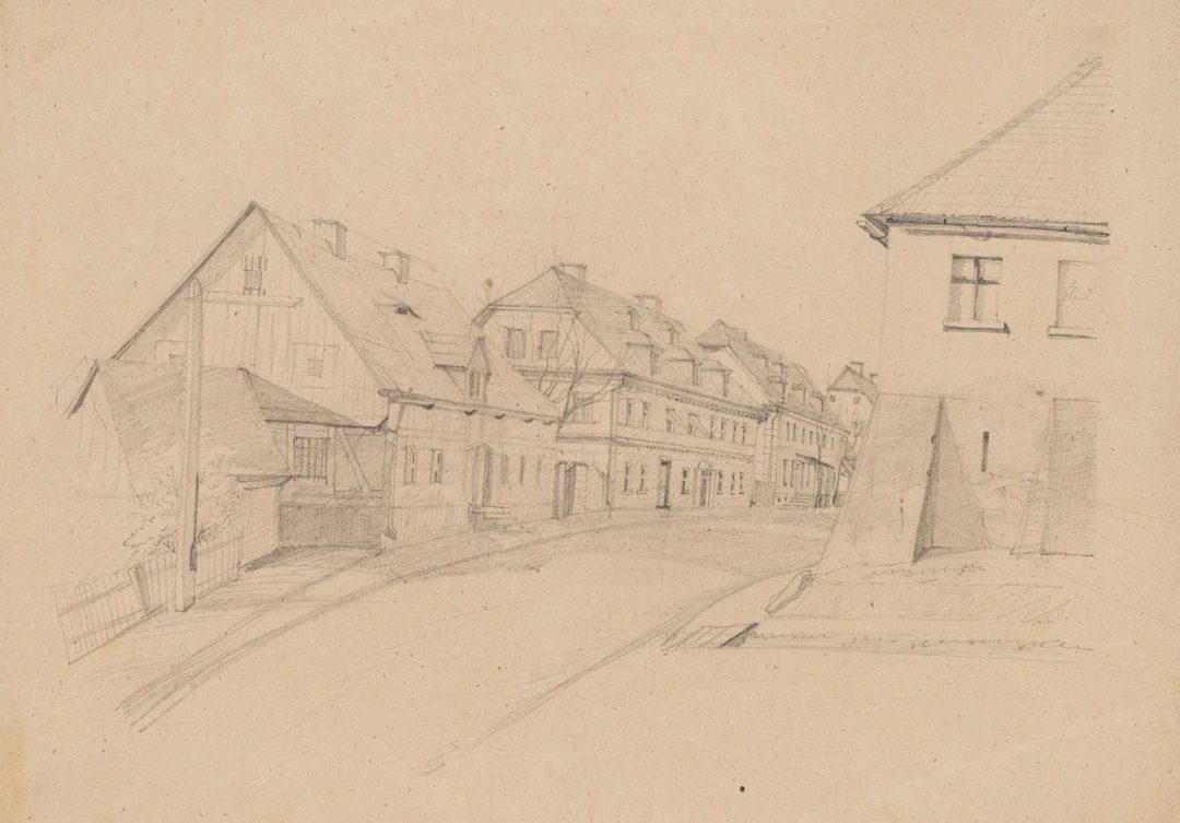 Unknown (19th century), A street in a small town, around 1850, pencil