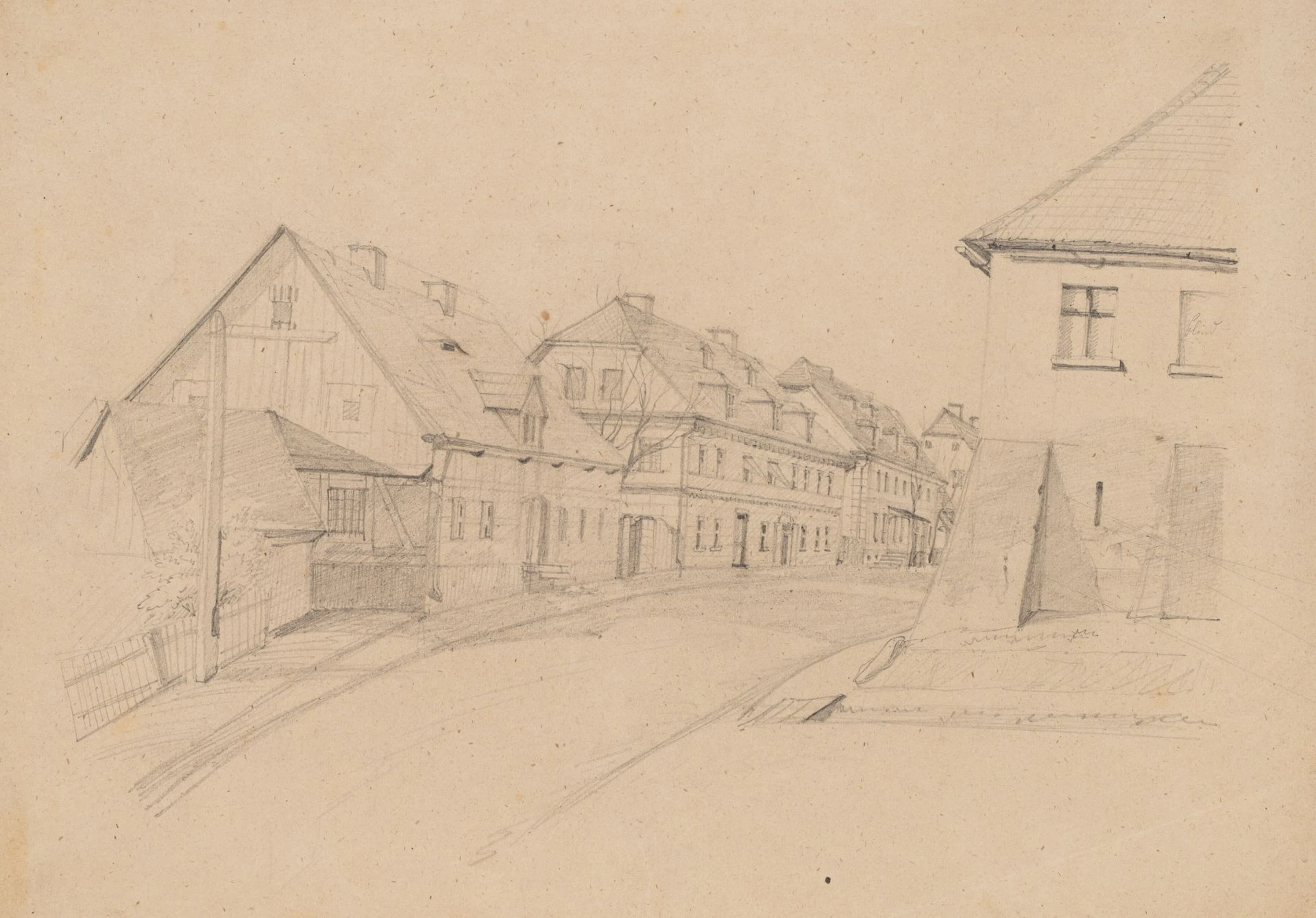 Unknown (19th century), A street in a small town, around 1850, pencil