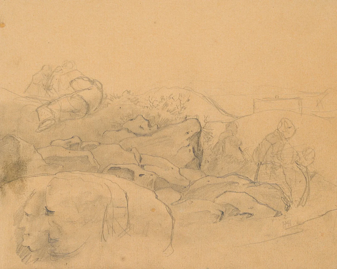 H. MÜLLER (1823–1853), Resting on the Rocks, Pencil Heinrich Eduard