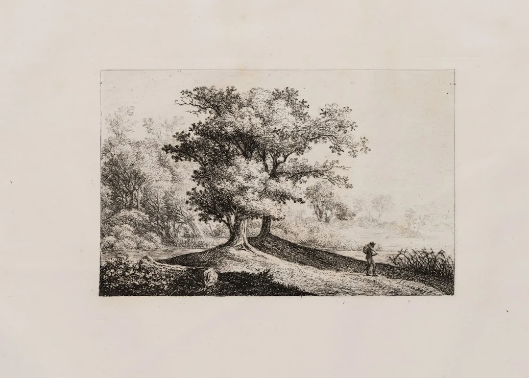 Unknown (19th century), Landscape scene featuring a tree and a walker