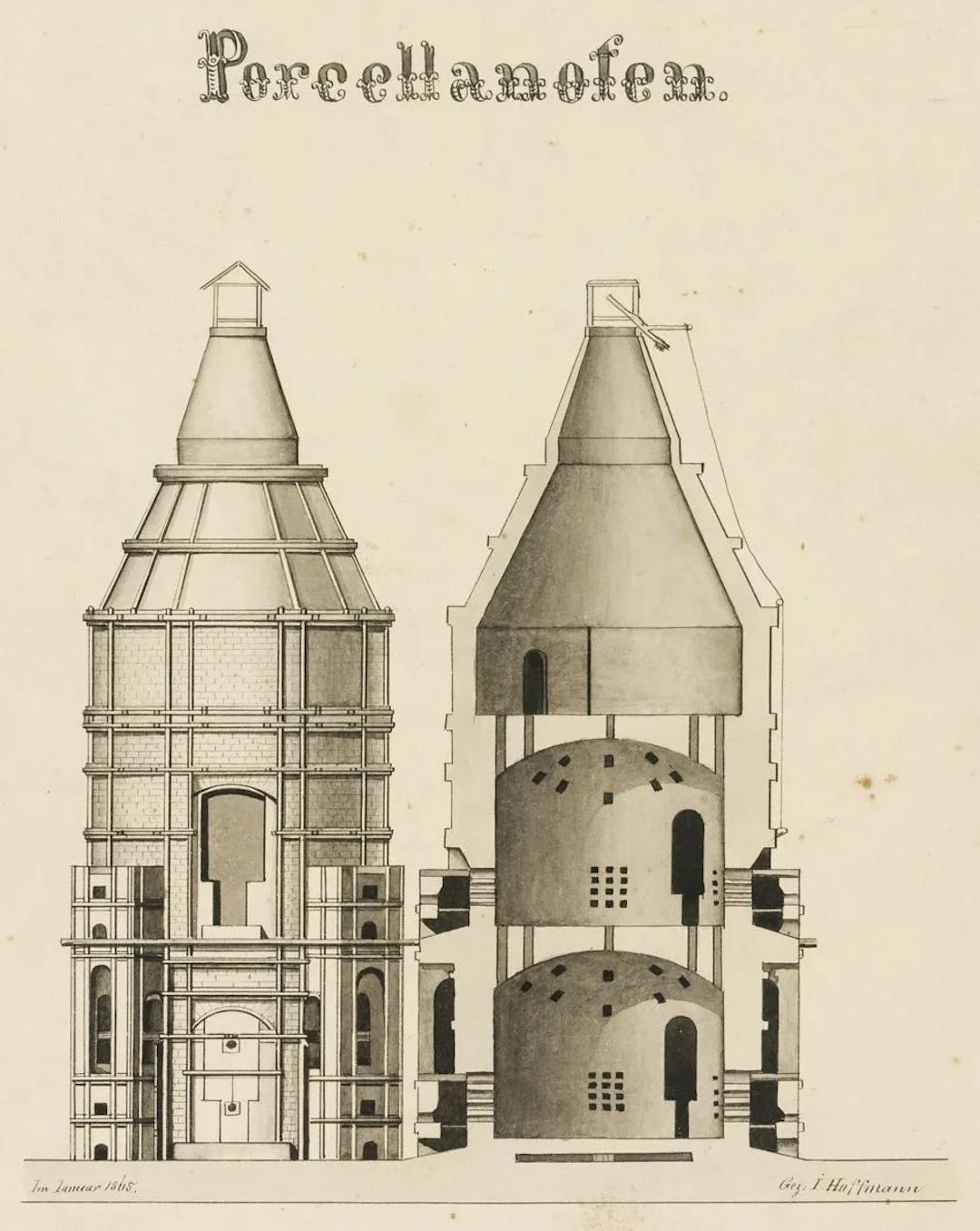 J. HOFFMANN (19th), Cross-section of a porcelain kiln, 1865, pen drawing
