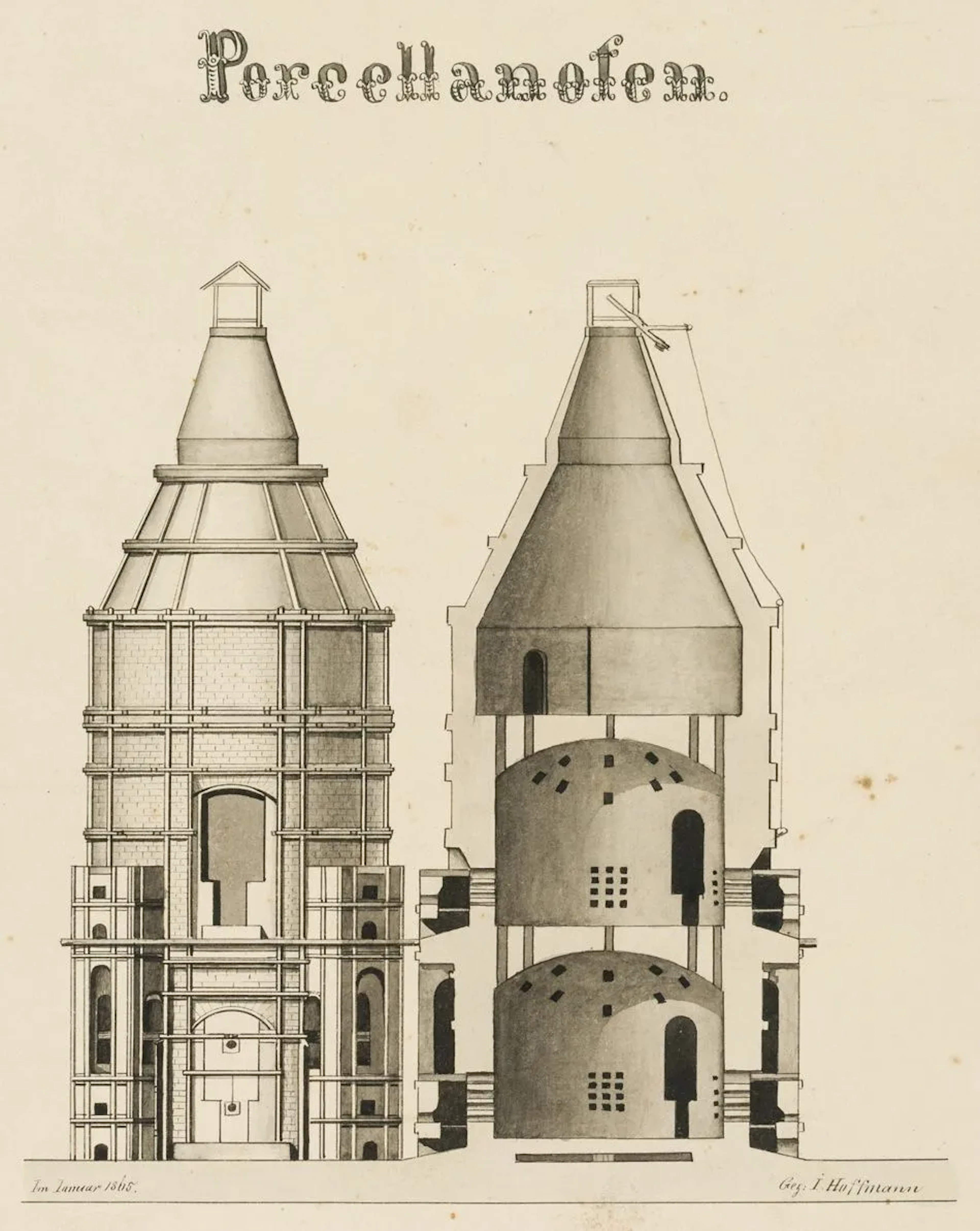 J. HOFFMANN (19th), Cross-section of a porcelain kiln, 1865, pen drawing