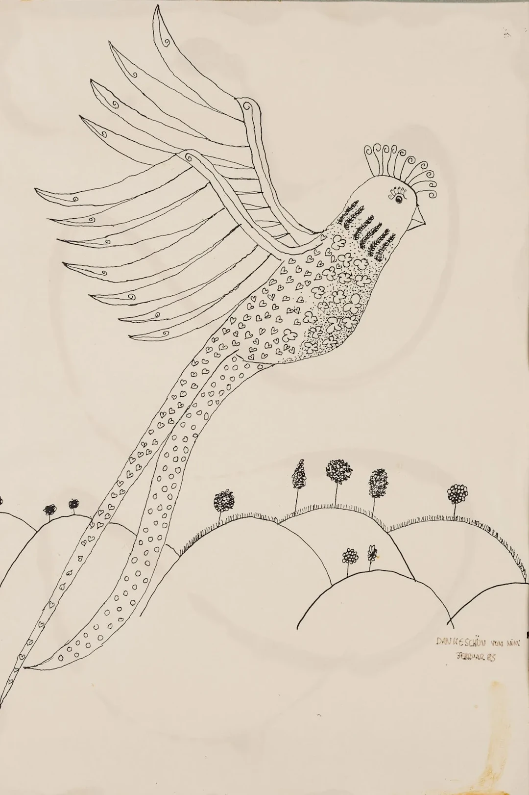 NINI (20th), A bird flying over a meadow landscape, 1983, pen drawing