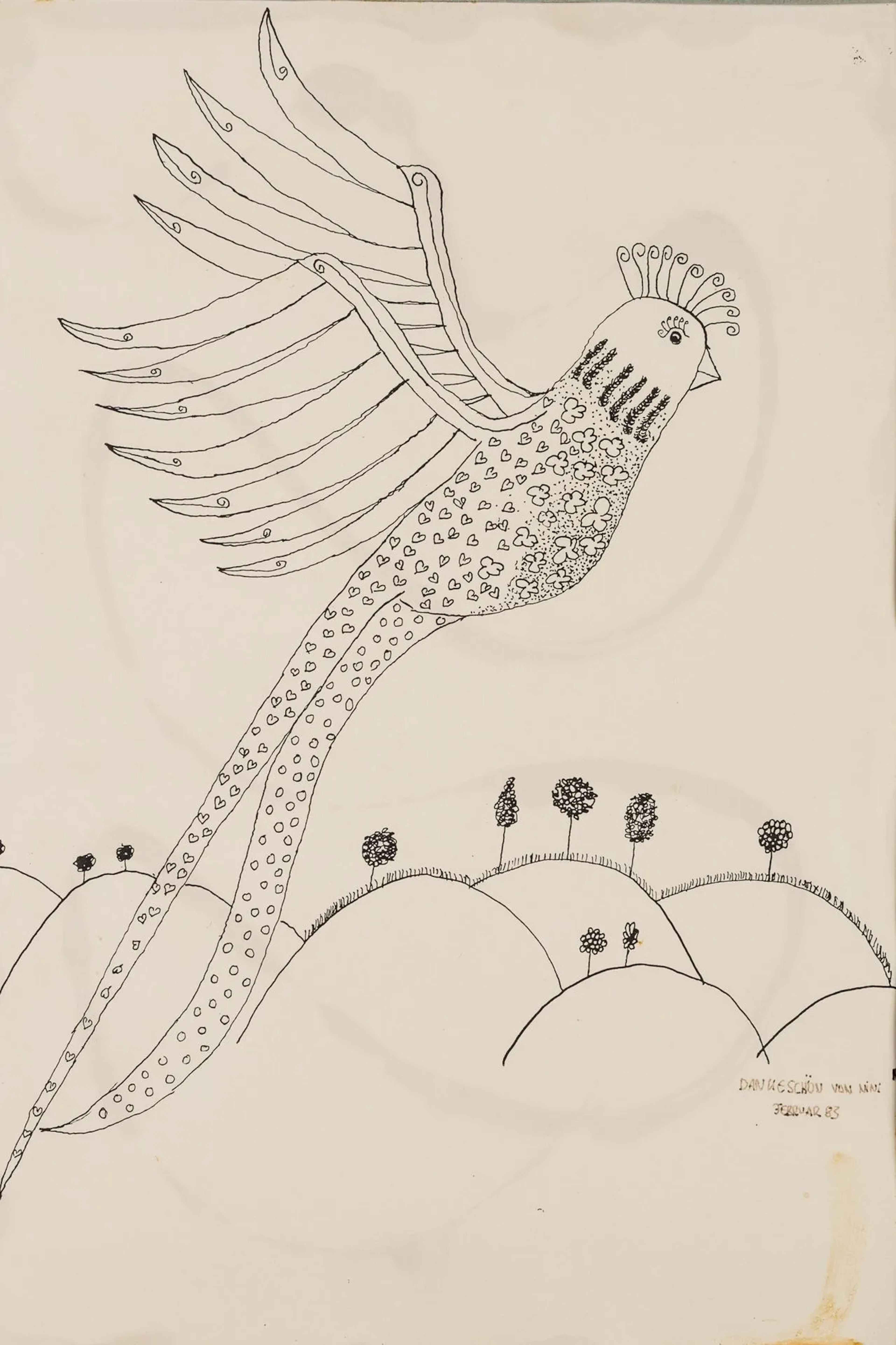 NINI (20th), A bird flying over a meadow landscape, 1983, pen drawing