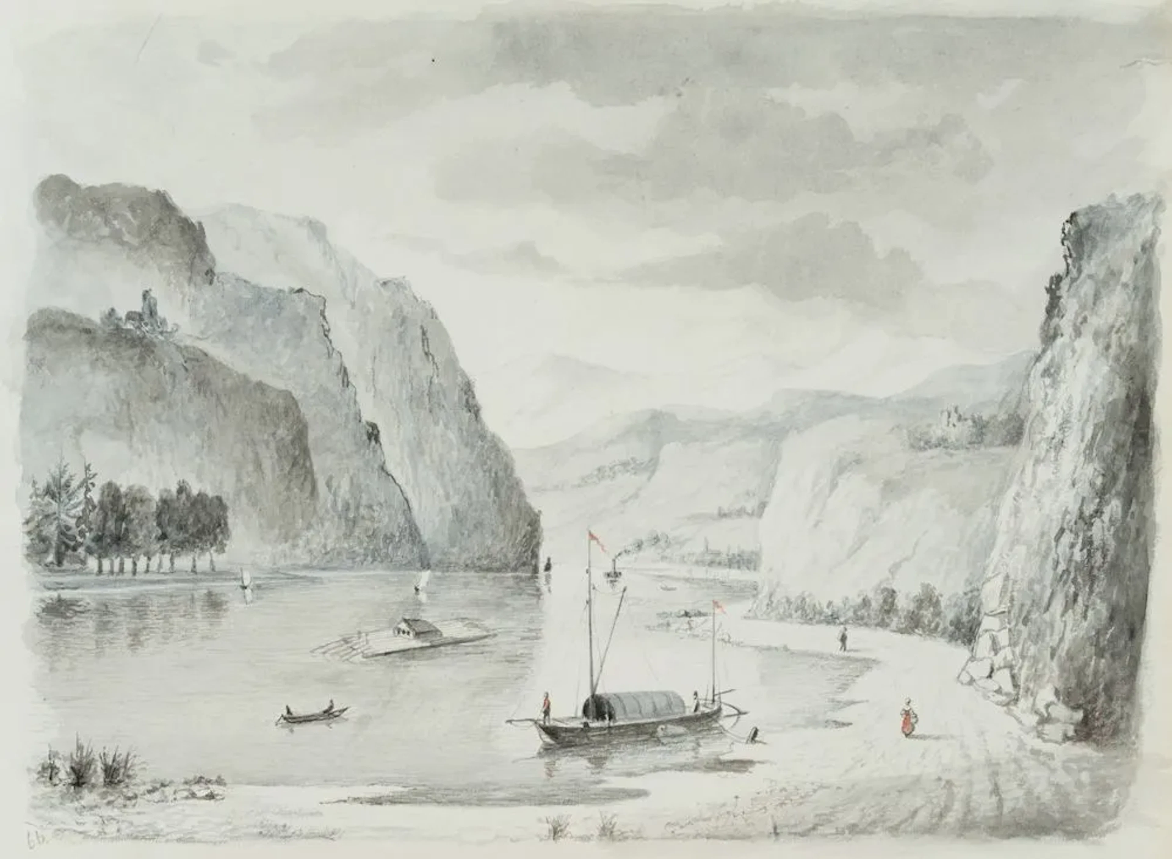 Unknown (19th century), A Romantic River Valley with Raftsmen, Watercolor