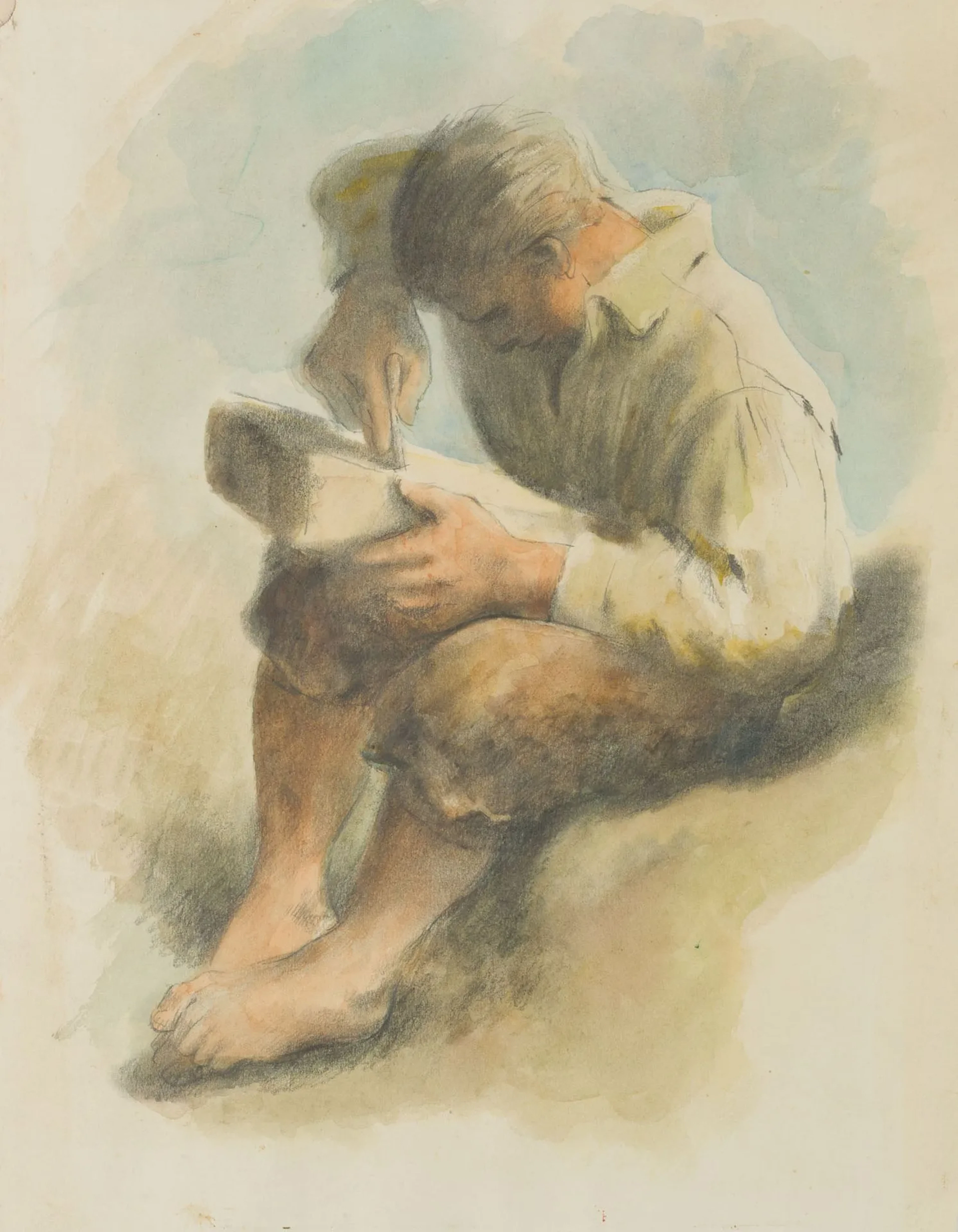 Unknown (20th), While Carving Wood, Watercolor Unknown (20th century):