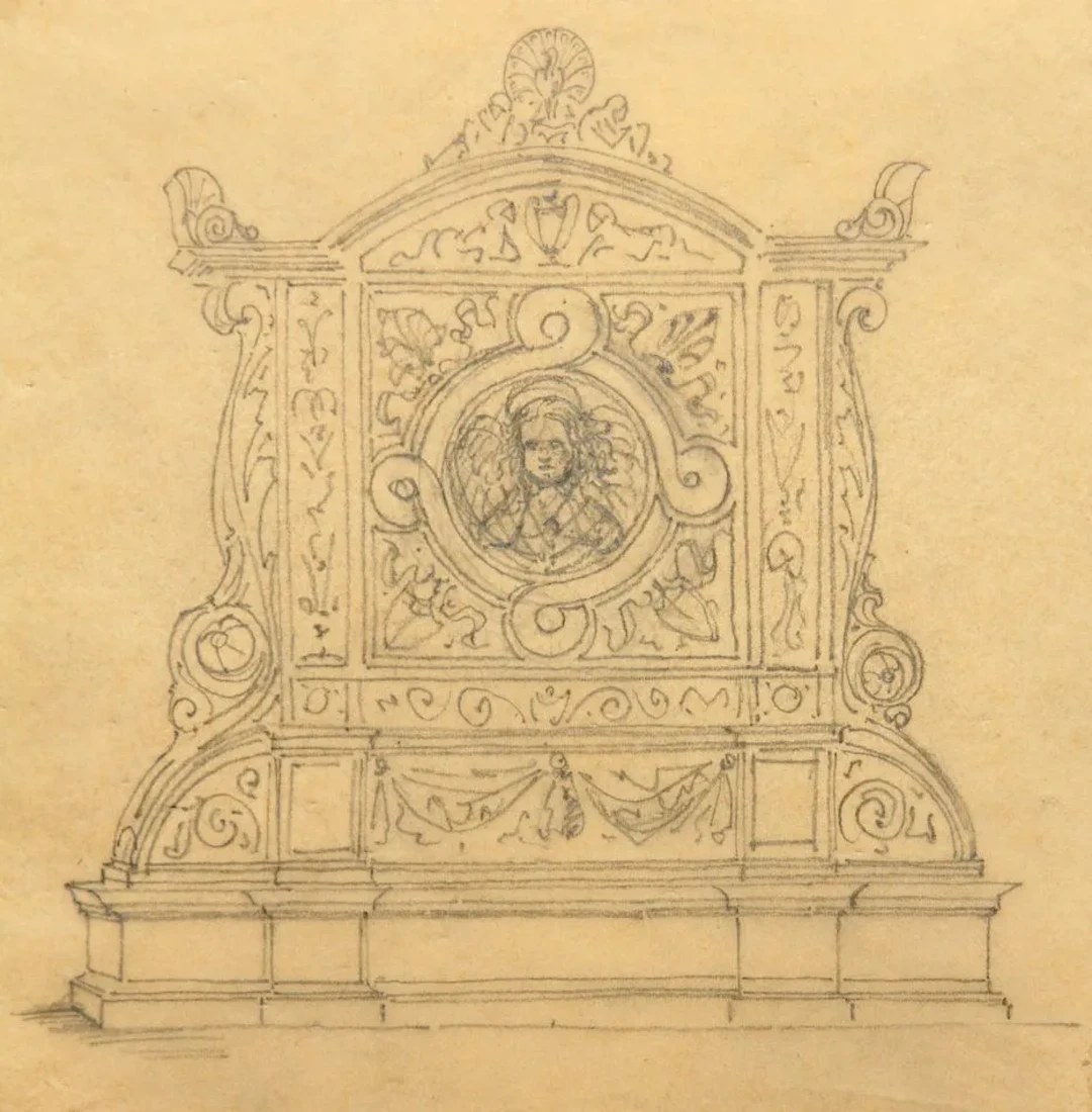 Unknown (19th century), Epitaph with an angel and a peacock, design