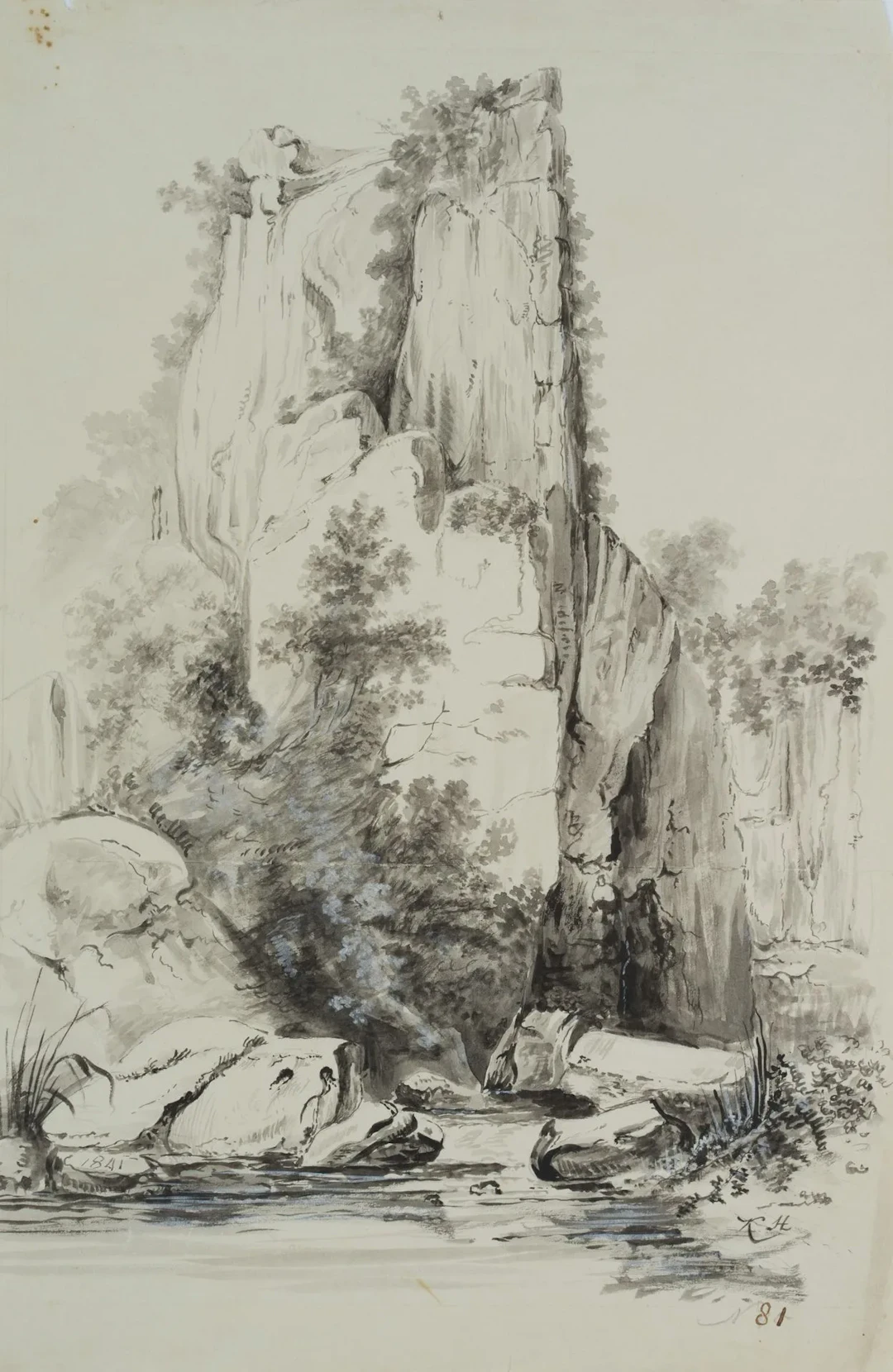 K. HOOG (19th), Rocks by the river, 1841, Brush drawing Klaas Hoog