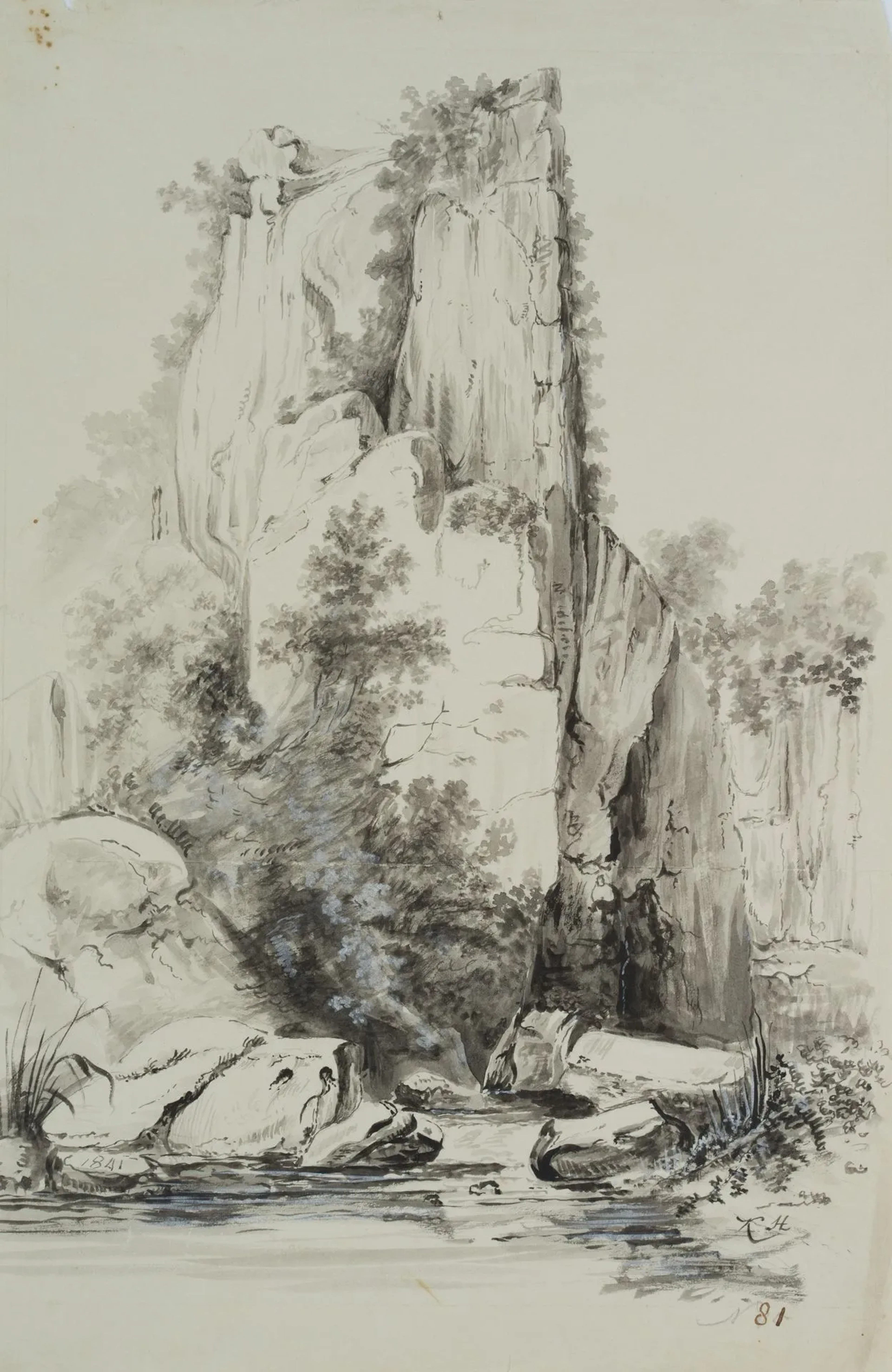 K. HOOG (19th), Rocks by the river, 1841, Brush drawing Klaas Hoog