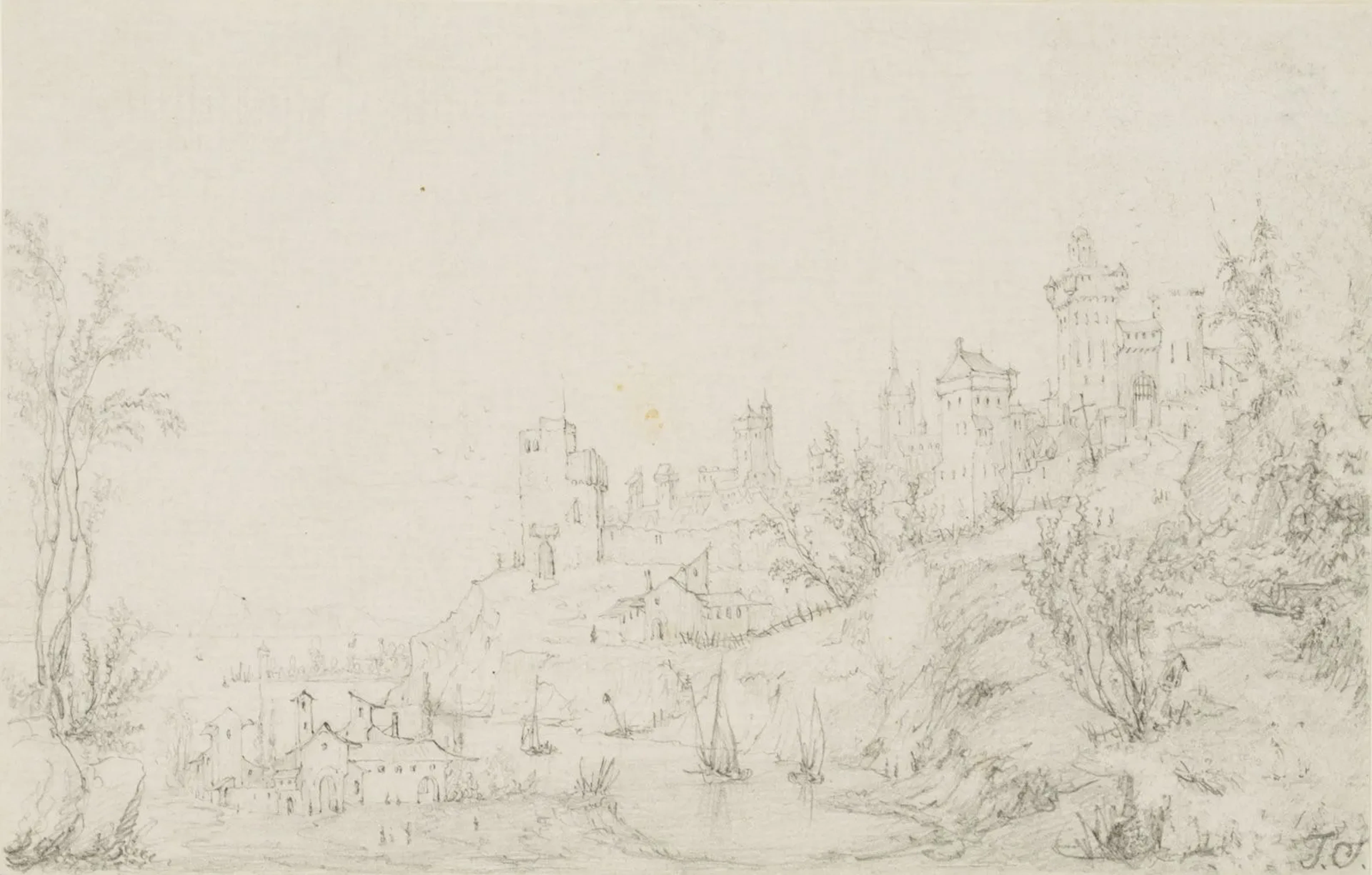 Unknown (19th century), A Town and Fortress by the Water, Pencil Unknown