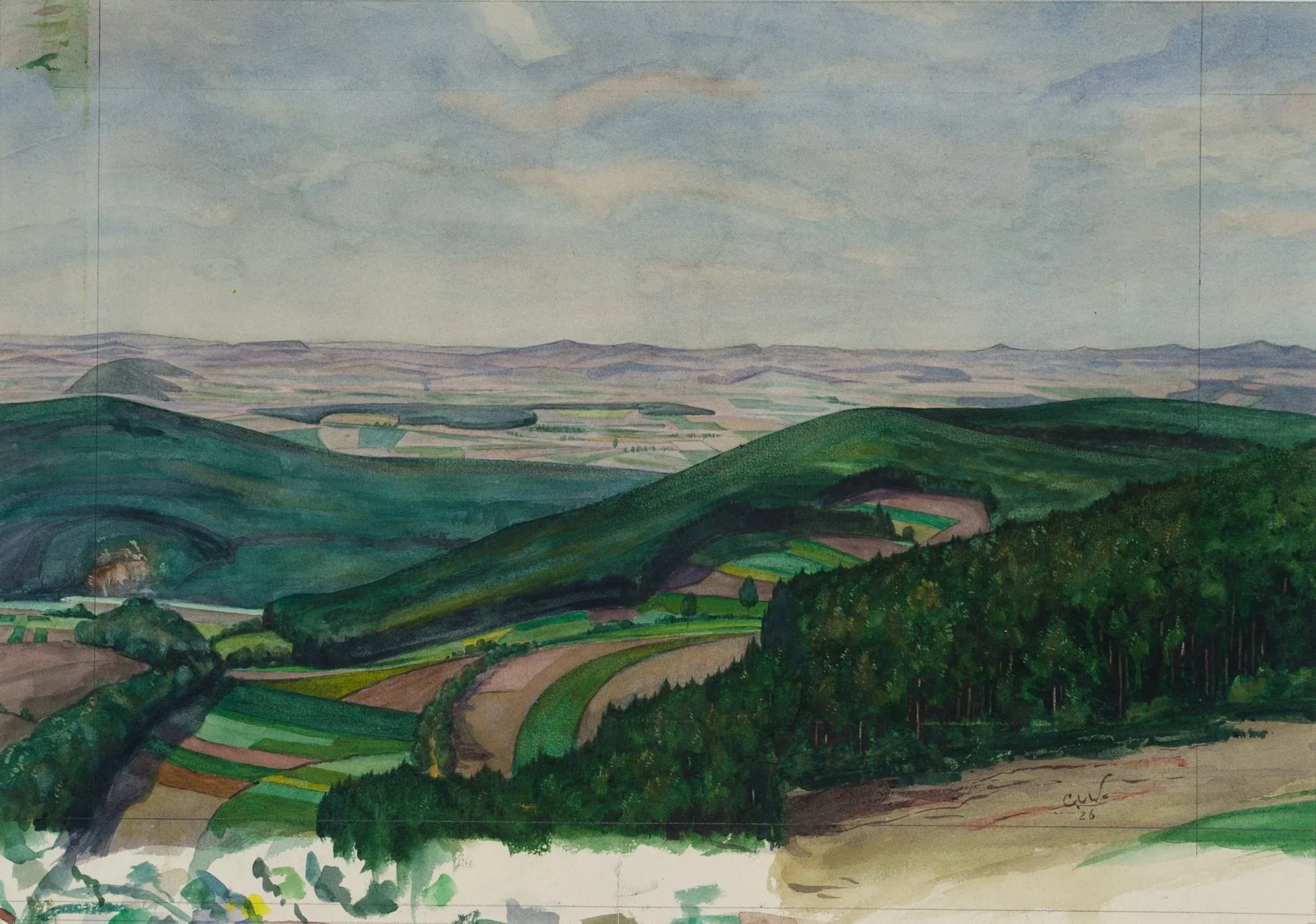 C. WALTHER (1880–1954), Hilly Landscape, 1926, Watercolor Carl August