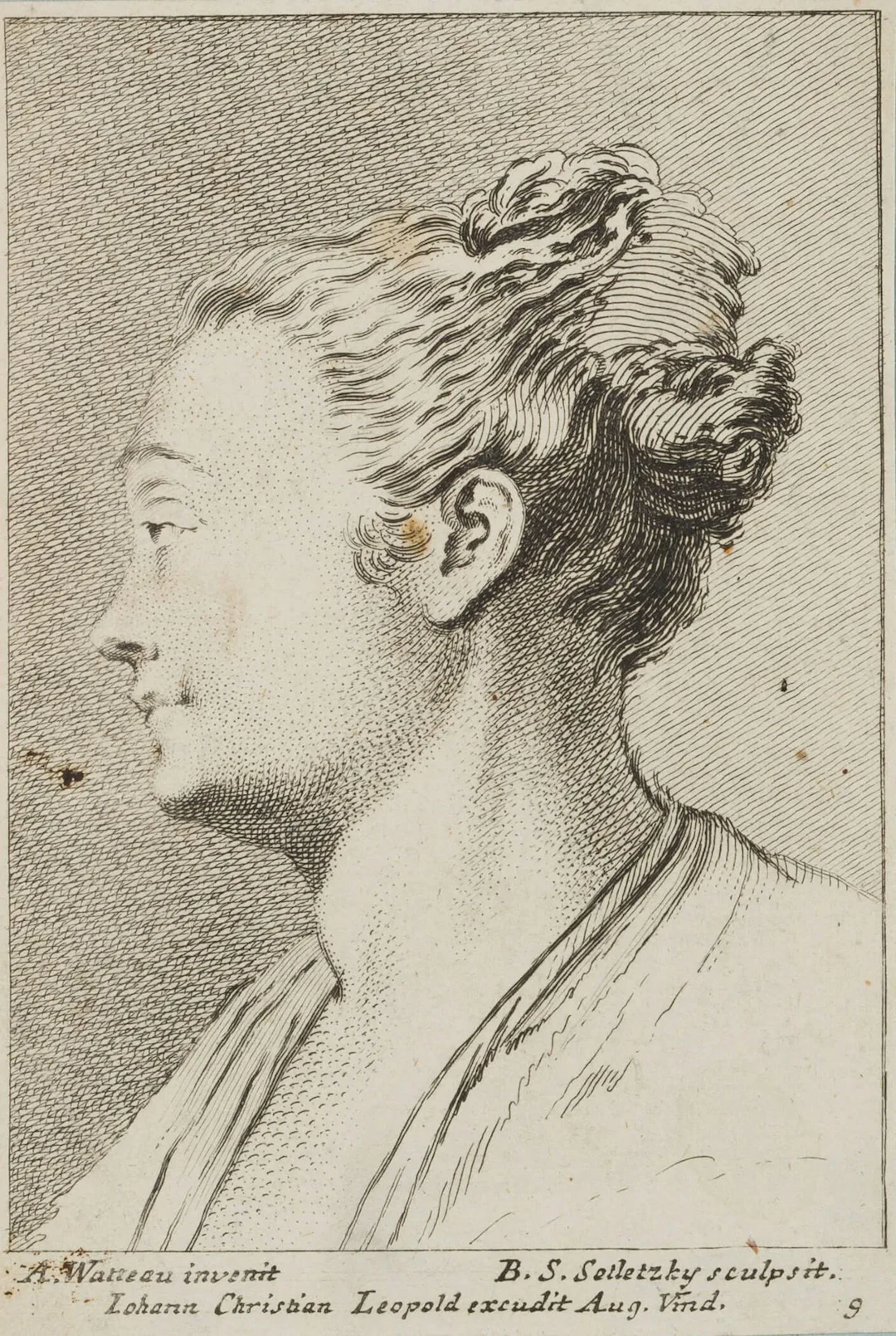 B. SETLETZKY (*1695) after WATTEAU (*1684), Study of a Woman’s Head
