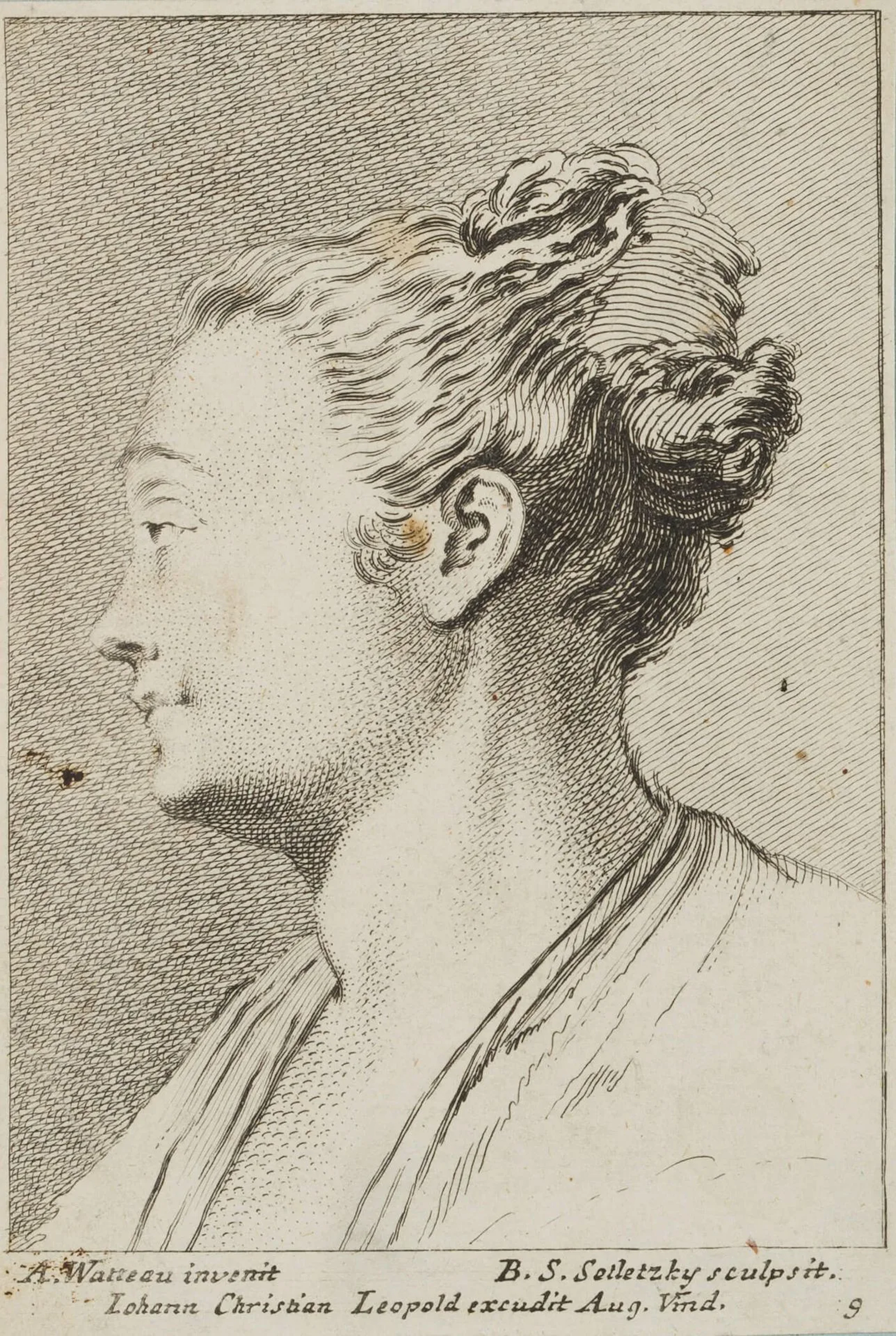 B. SETLETZKY (*1695) after WATTEAU (*1684), Study of a Woman’s Head