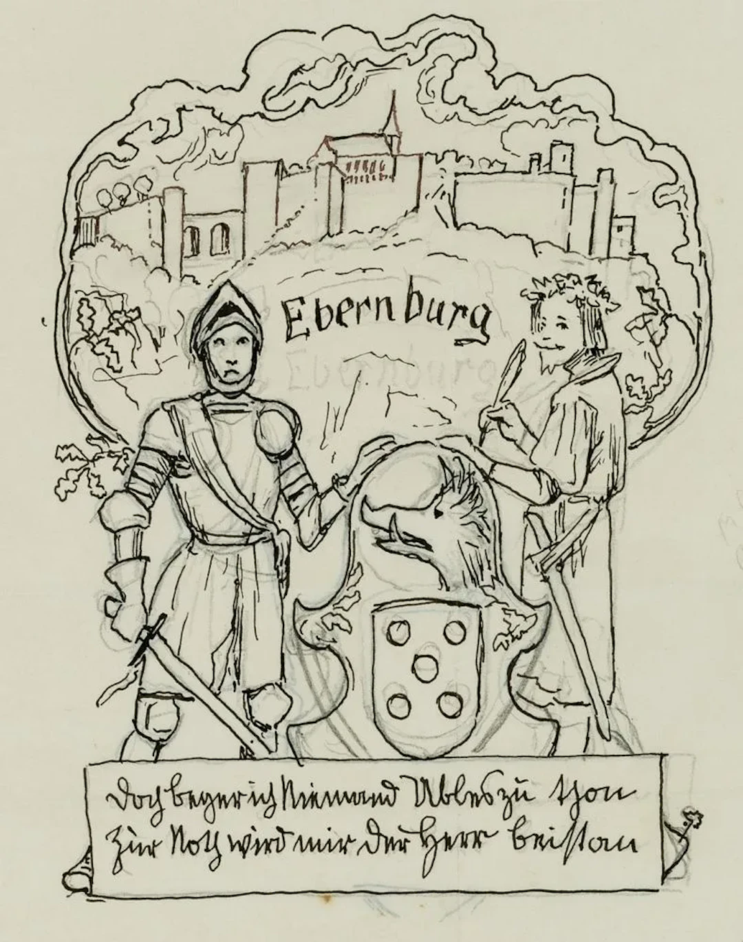 H. THOMA (1839-1924), Satirical coat of arms, Ebernburg, around 1910