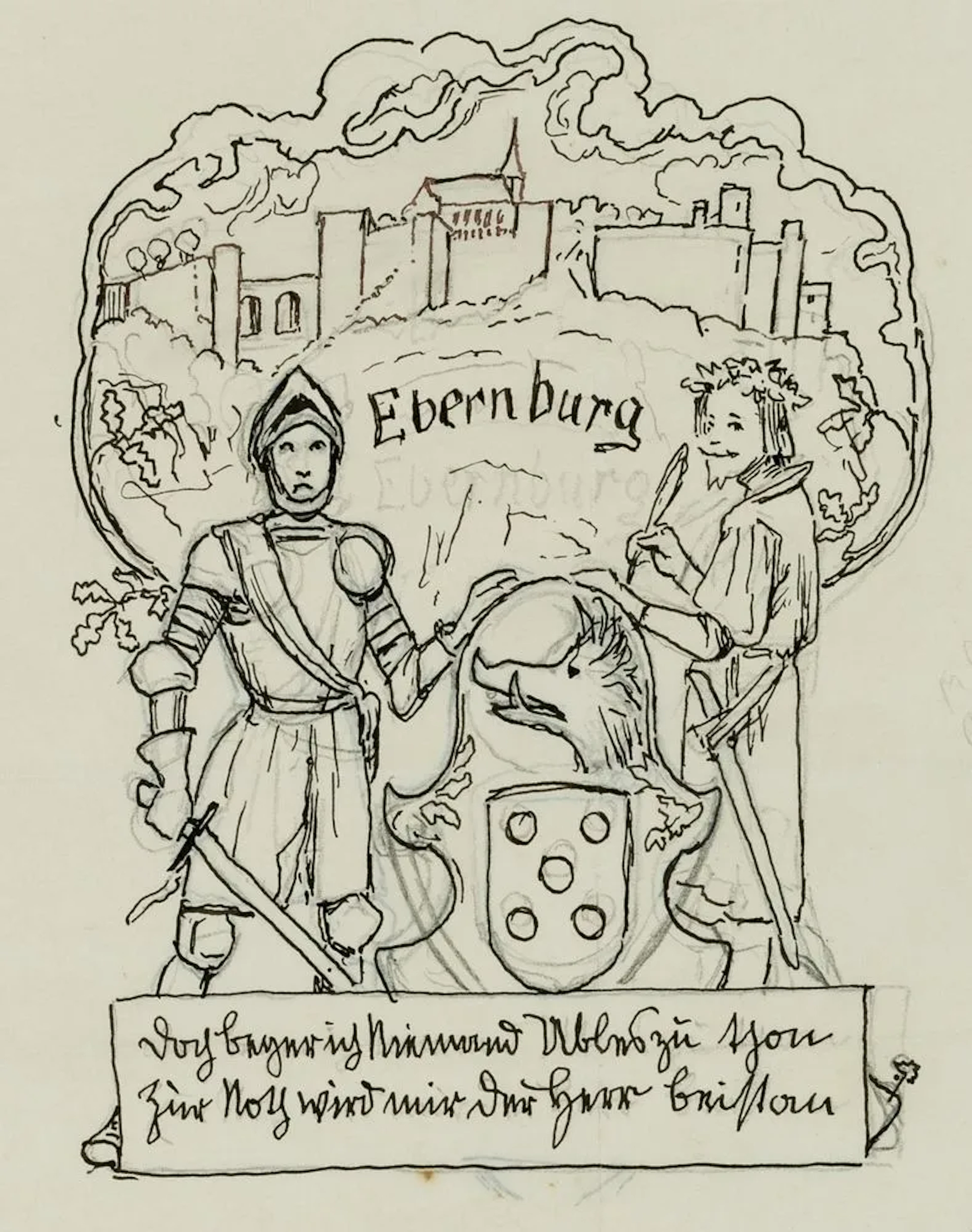 H. THOMA (1839-1924), Satirical coat of arms, Ebernburg, around 1910