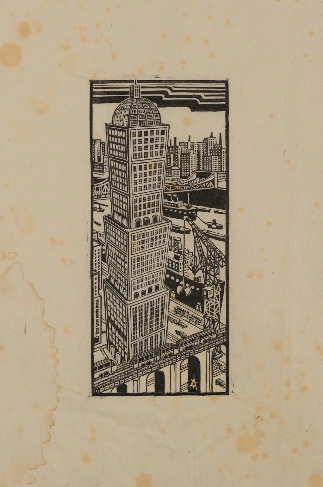 Unknown (20th), City skyline with a skyscraper, Woodcut Unknown (20th