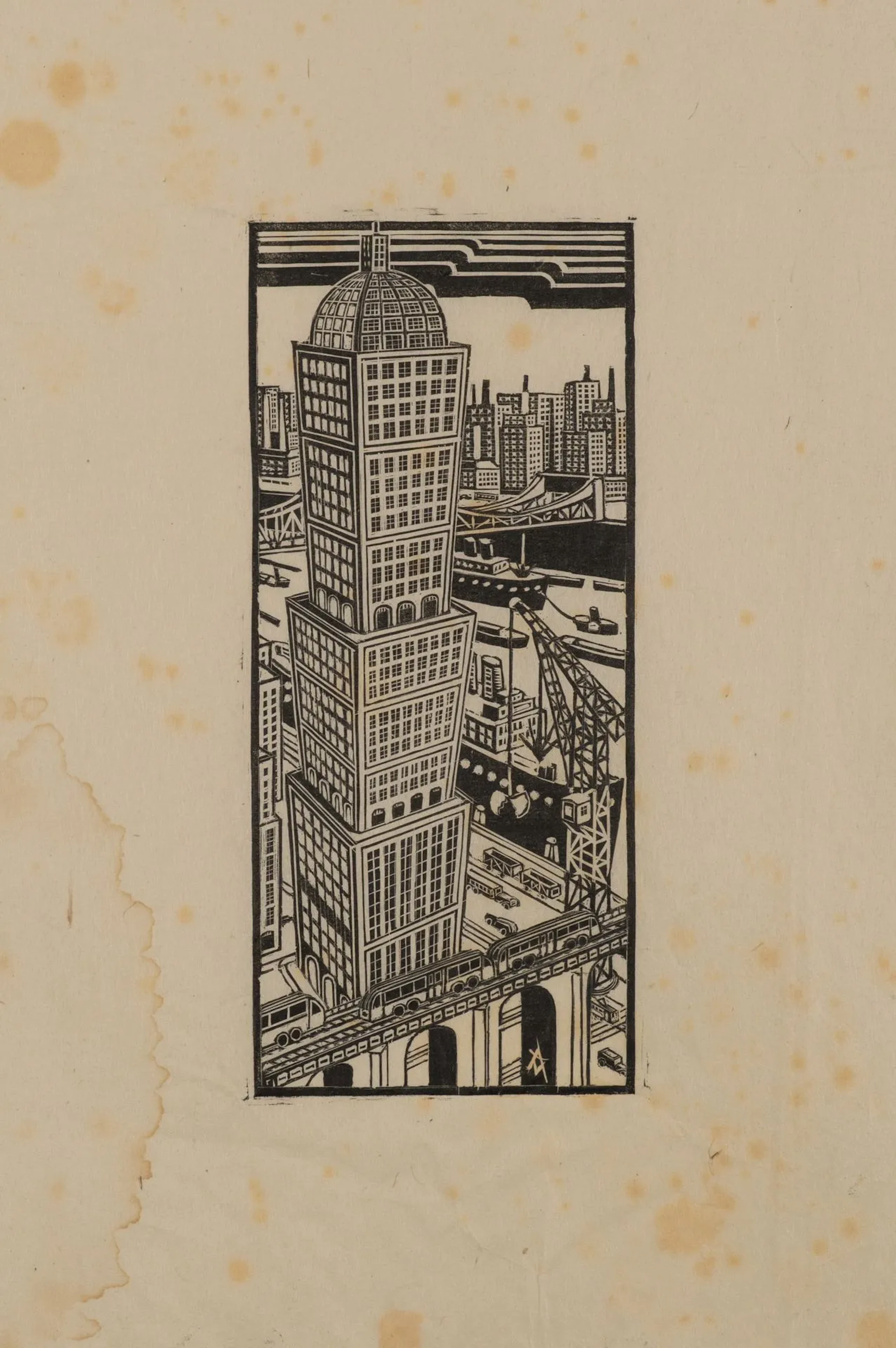 Unknown (20th), City skyline with a skyscraper, Woodcut Unknown (20th