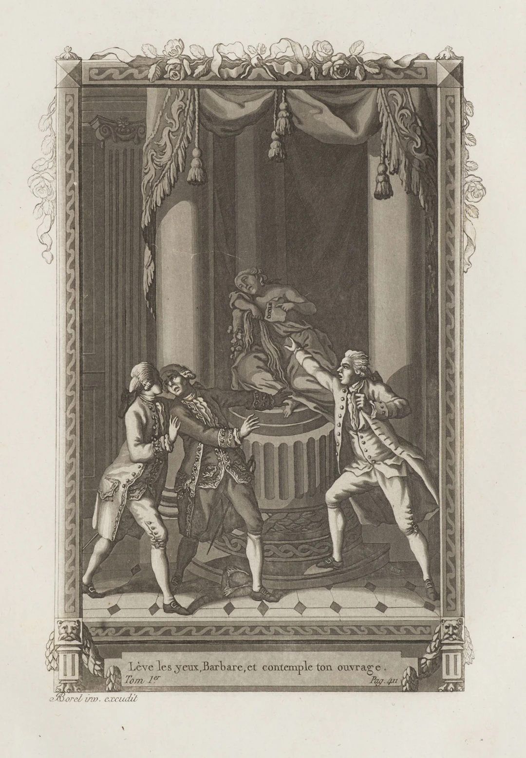 A. BOREL (1743–1810), A theatrical scene featuring a statue, aquatint