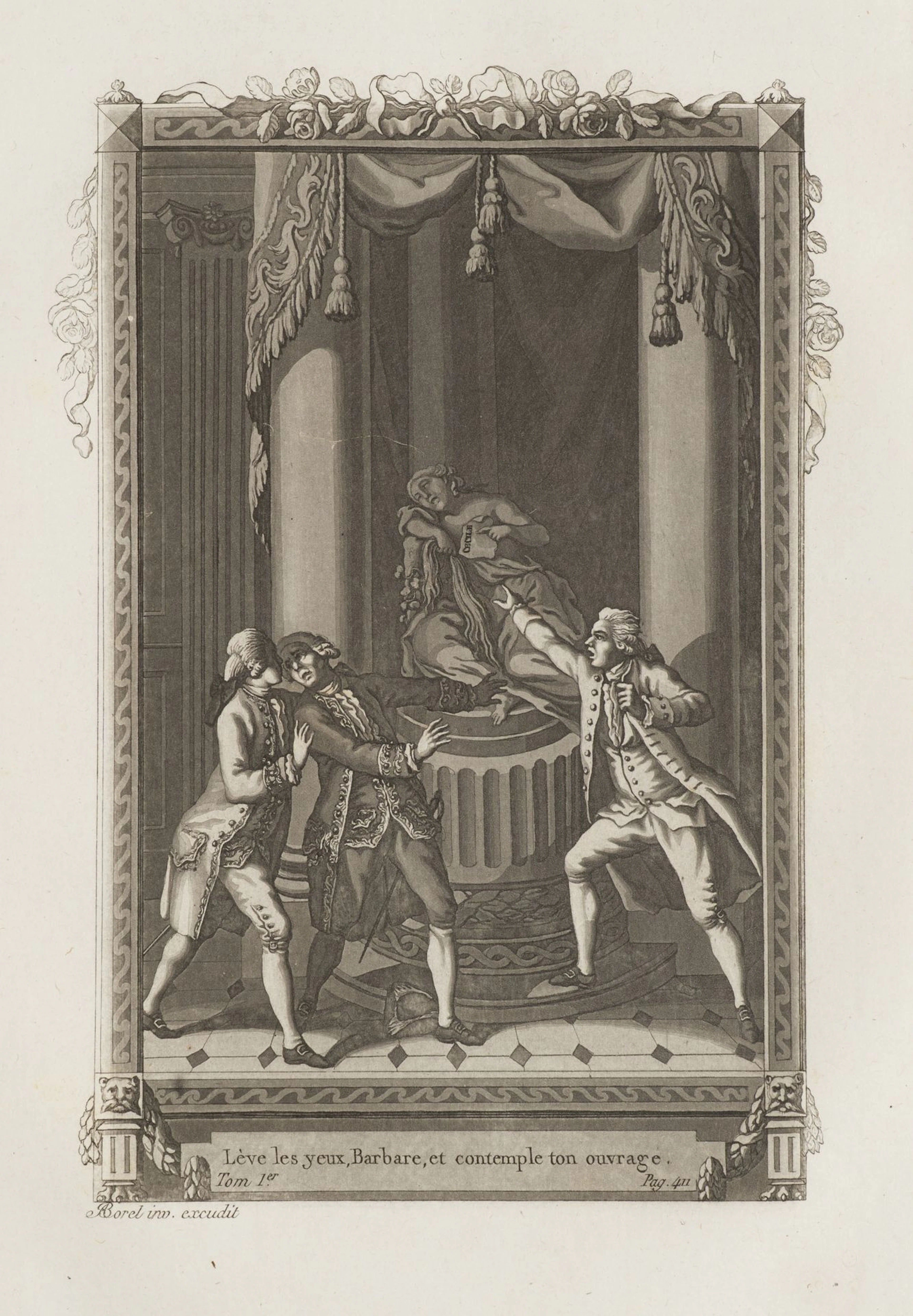 A. BOREL (1743–1810), A theatrical scene featuring a statue, aquatint