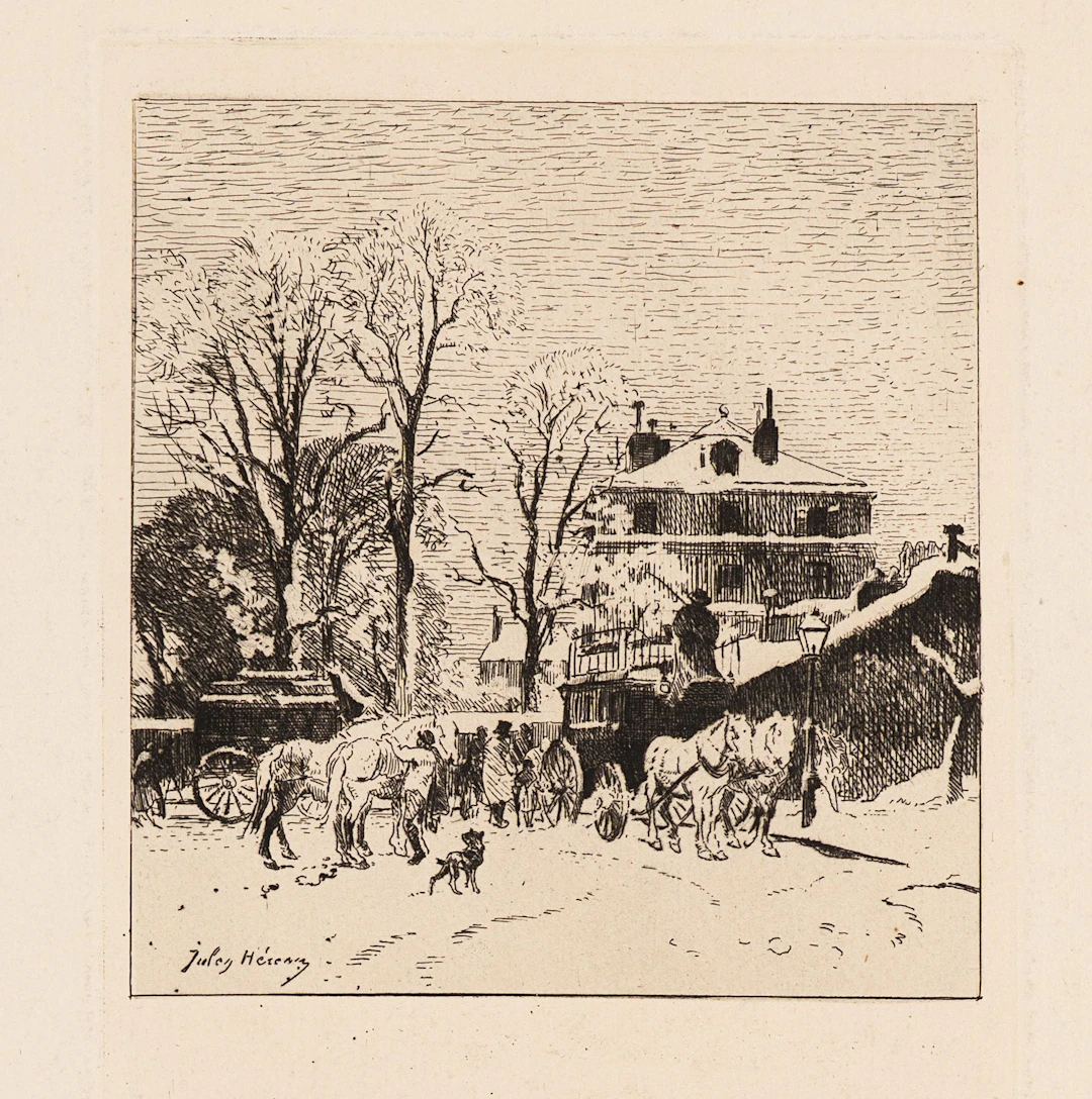 J. HÉREAU (1839–1879), A Bus Station in Paris (Snow Effect), circa