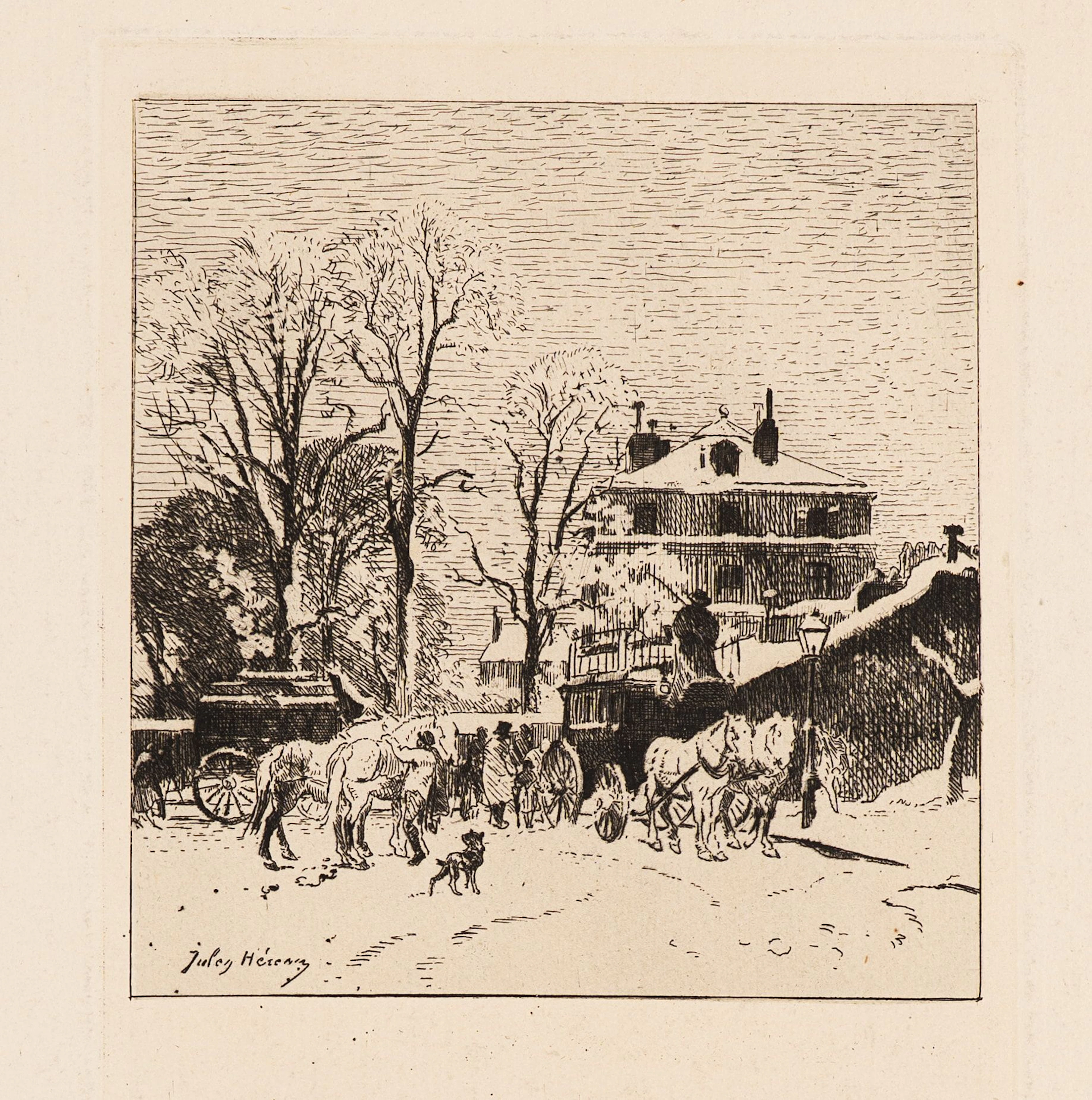 J. HÉREAU (1839–1879), A Bus Station in Paris (Snow Effect), circa