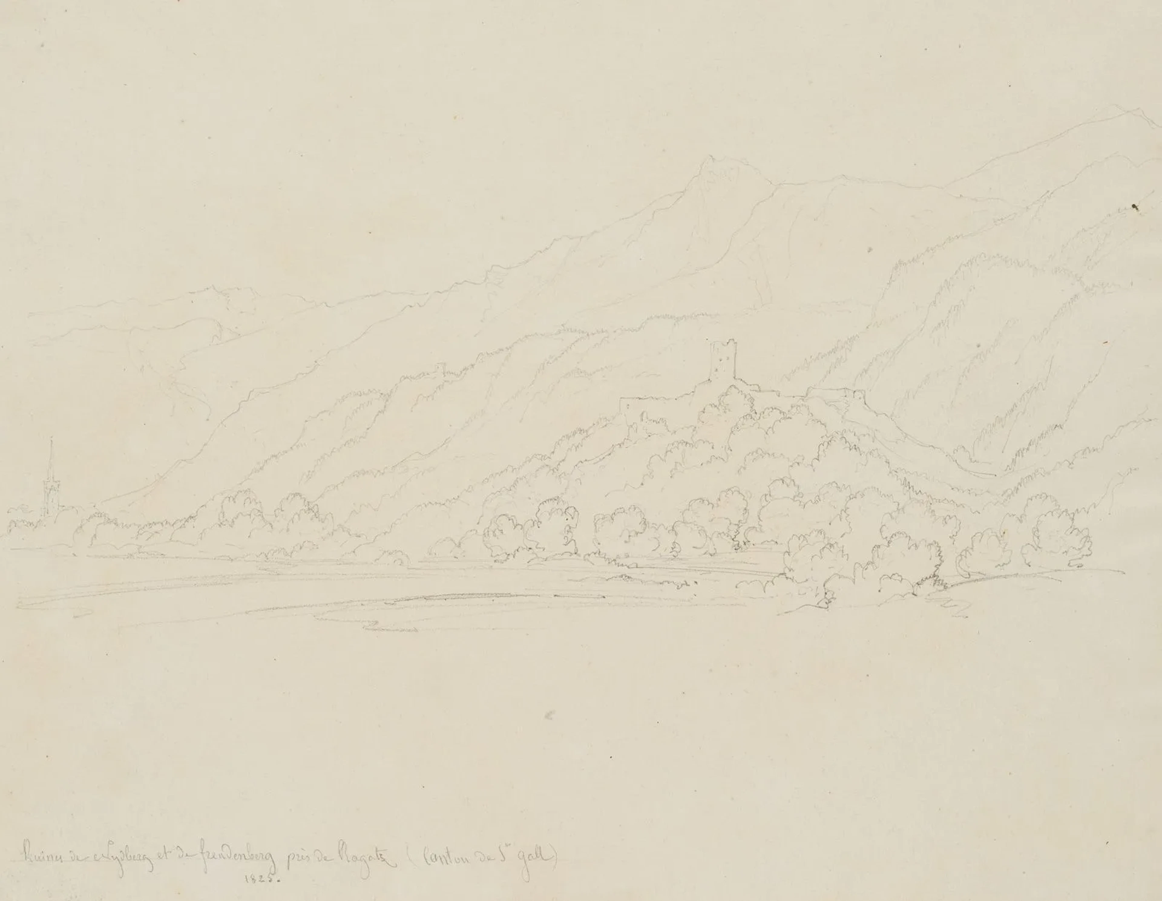 E. BRETENIÈRES (*1804), Freudenberg Ruins, Bad Ragaz, Pencil Edmond