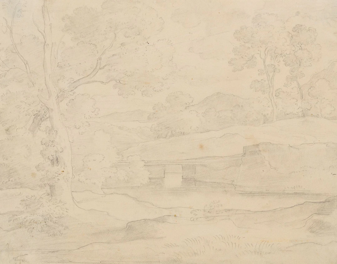 Unknown (19th century), Hilly landscape with a bridge over a small