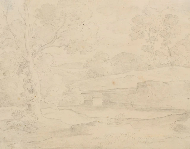 Unknown (19th century), Hilly landscape with a bridge over a small