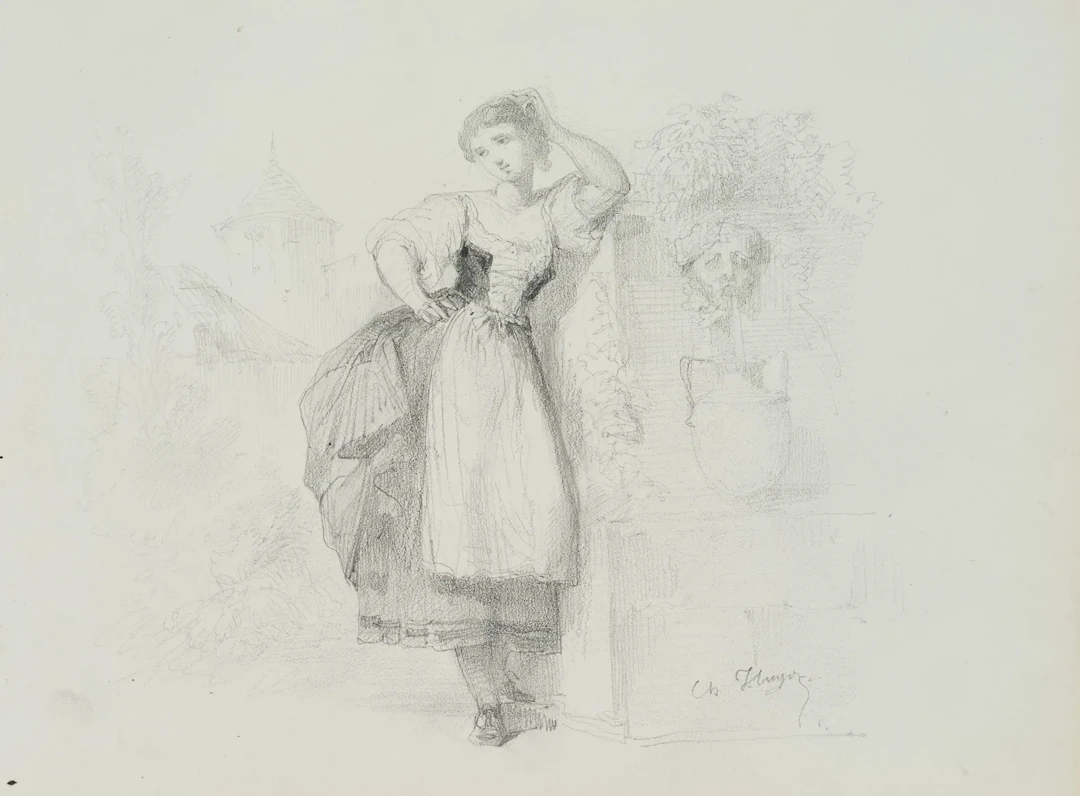 Unknown (19th century), A girl in traditional dress posing, Pencil