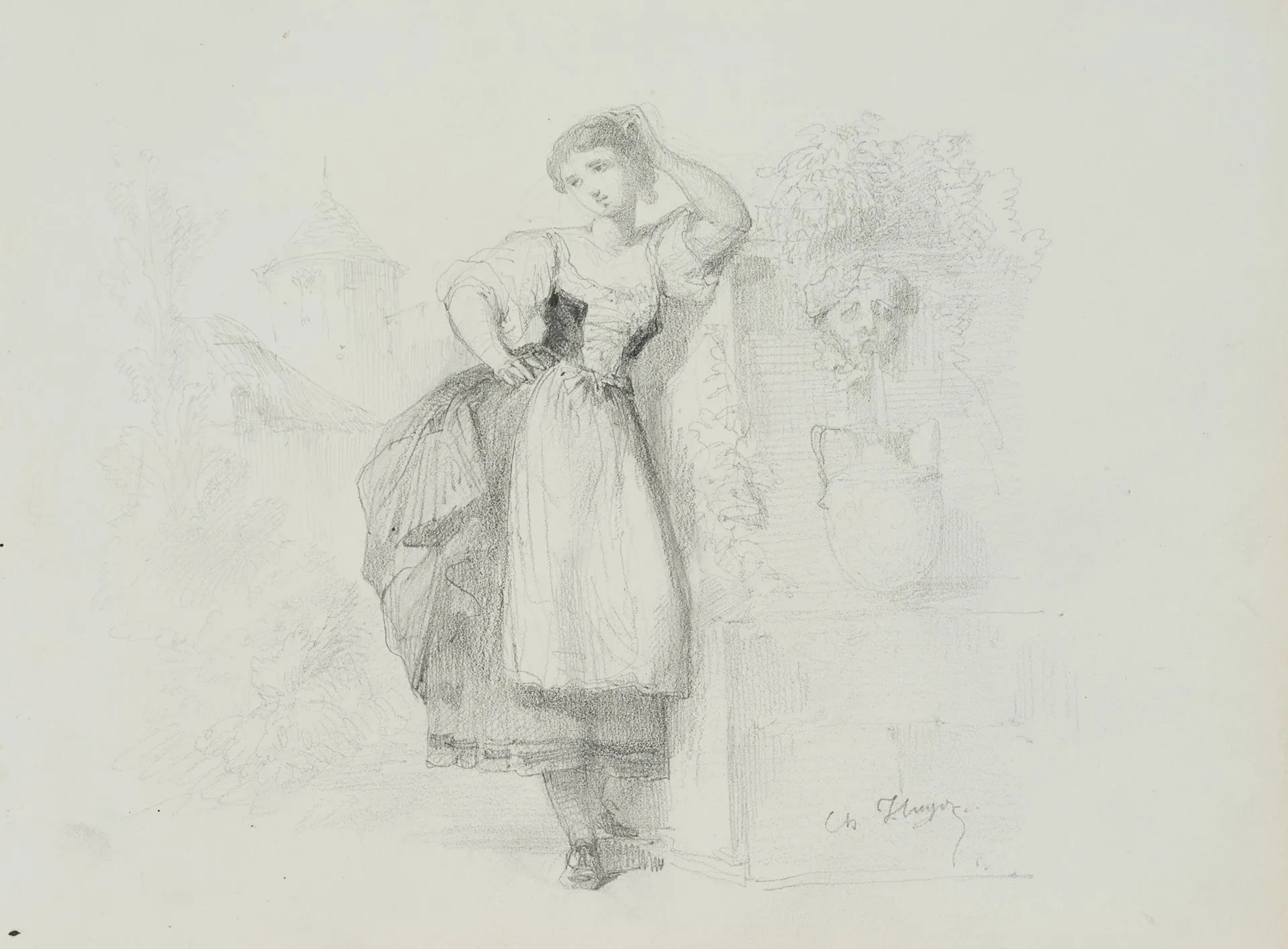 Unknown (19th century), A girl in traditional dress posing, Pencil
