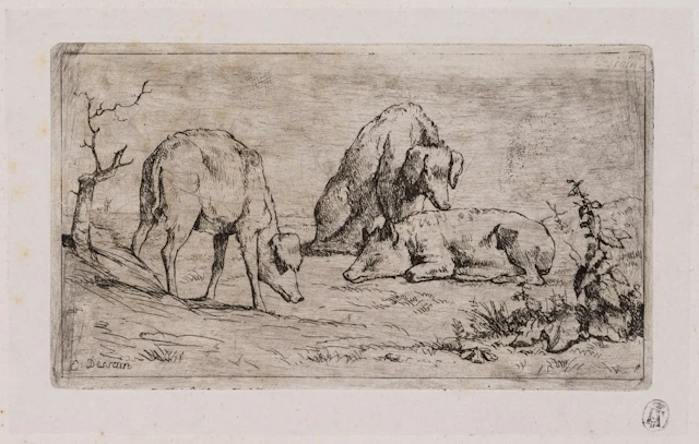 E. DESSAIN (1808–1882), Study sheet featuring three pigs, etching