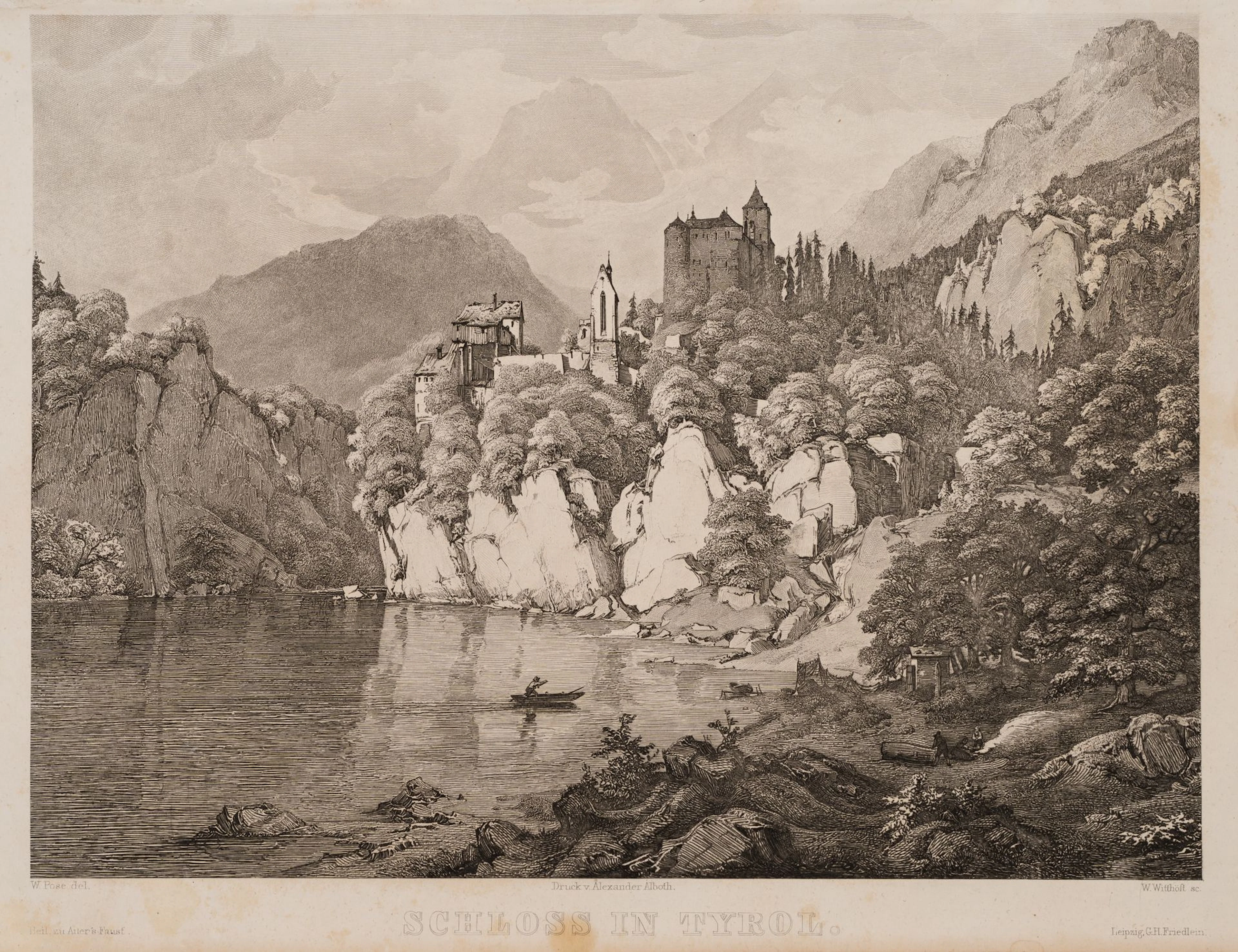 W. WITTHÖFT (*1816) after POSE (*1812), Castle in Tyrol, Etching Wilhelm