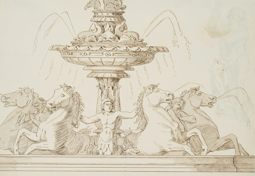 Unknown (19th century), Design for a Neptune Fountain, Pen drawing